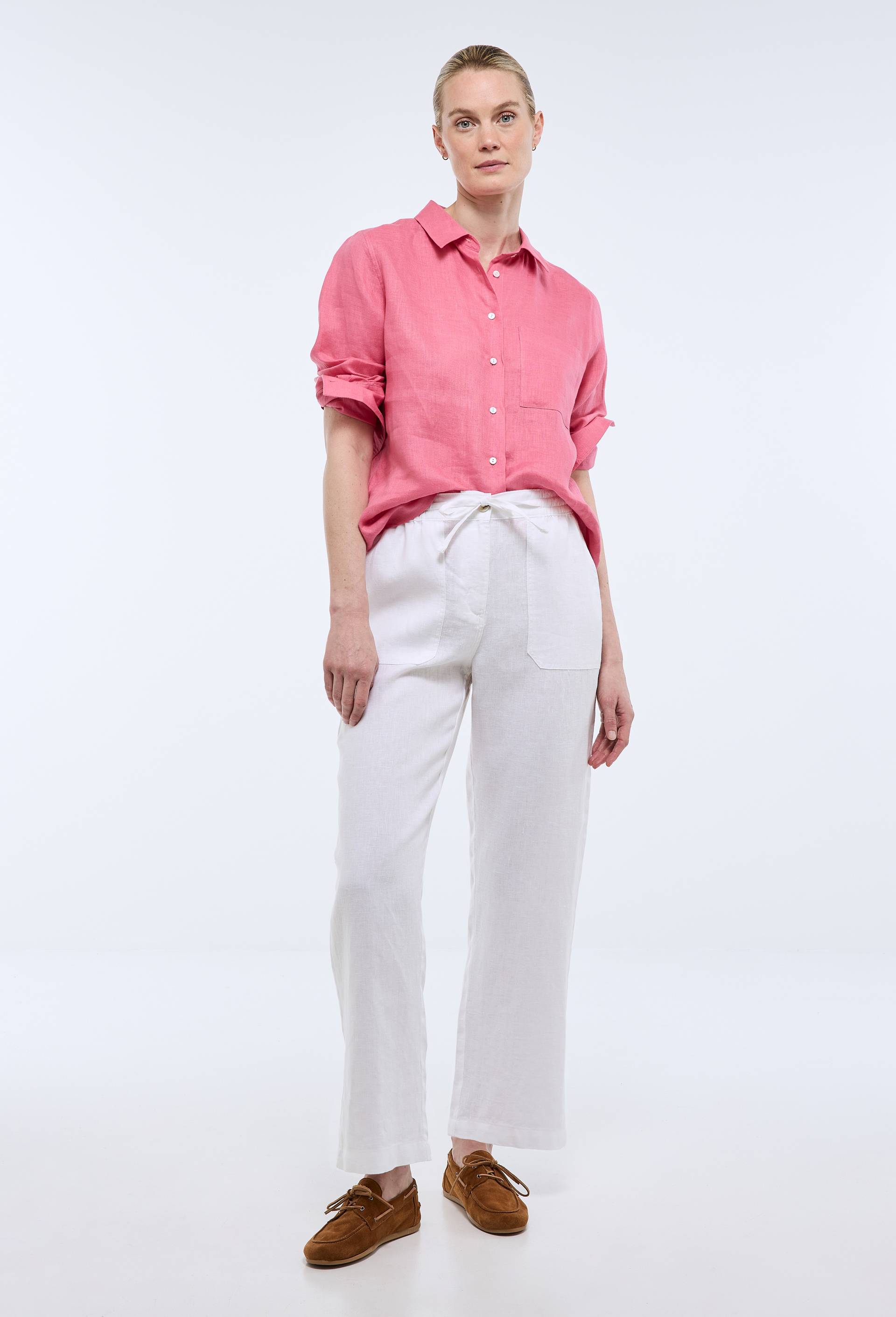 Pantalon taille semi-&eacute;lastiqu&eacute;e uni en lin, Blanc, large image number 0.0