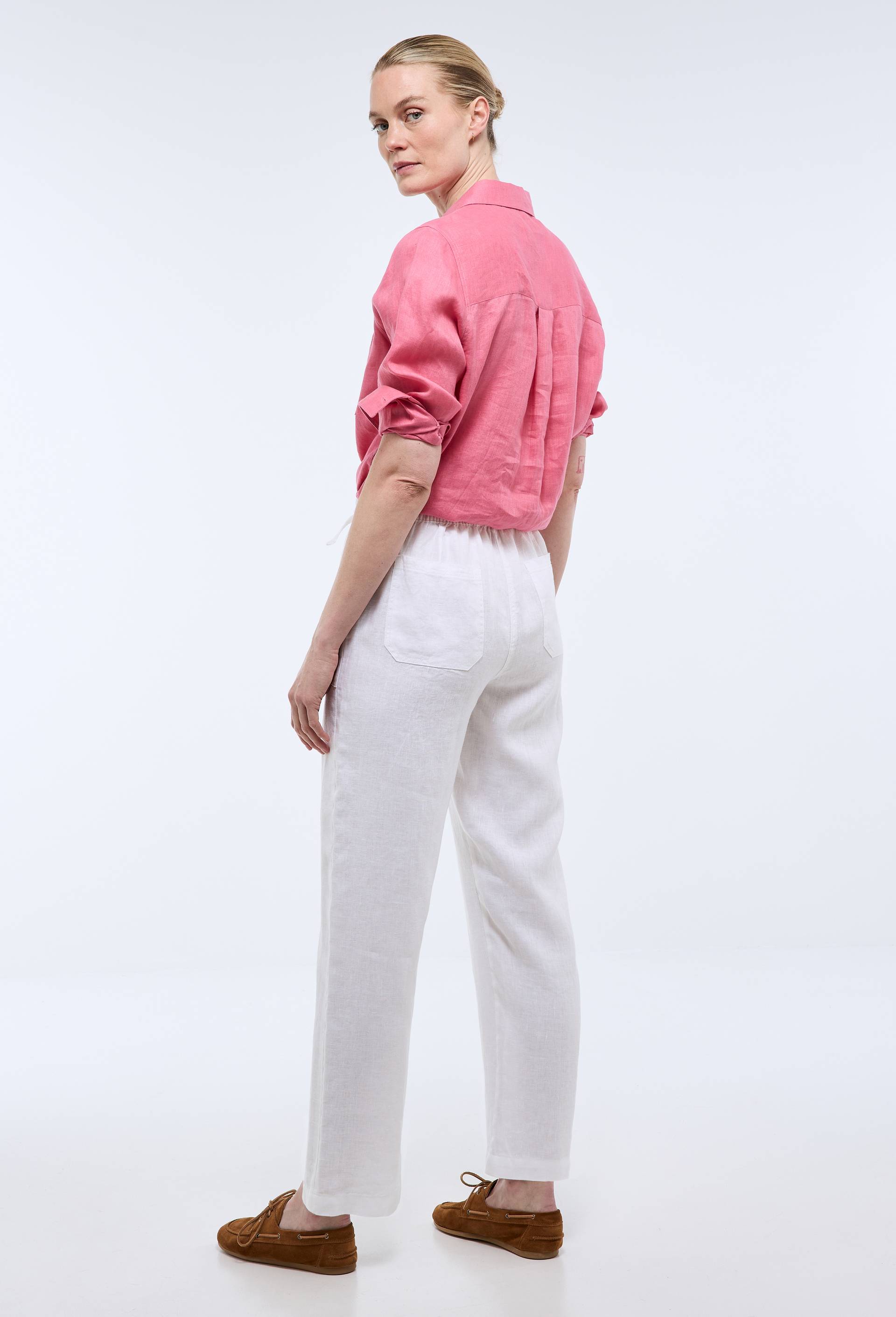 Pantalon taille semi-&eacute;lastiqu&eacute;e uni en lin, Blanc, large image number 1.0