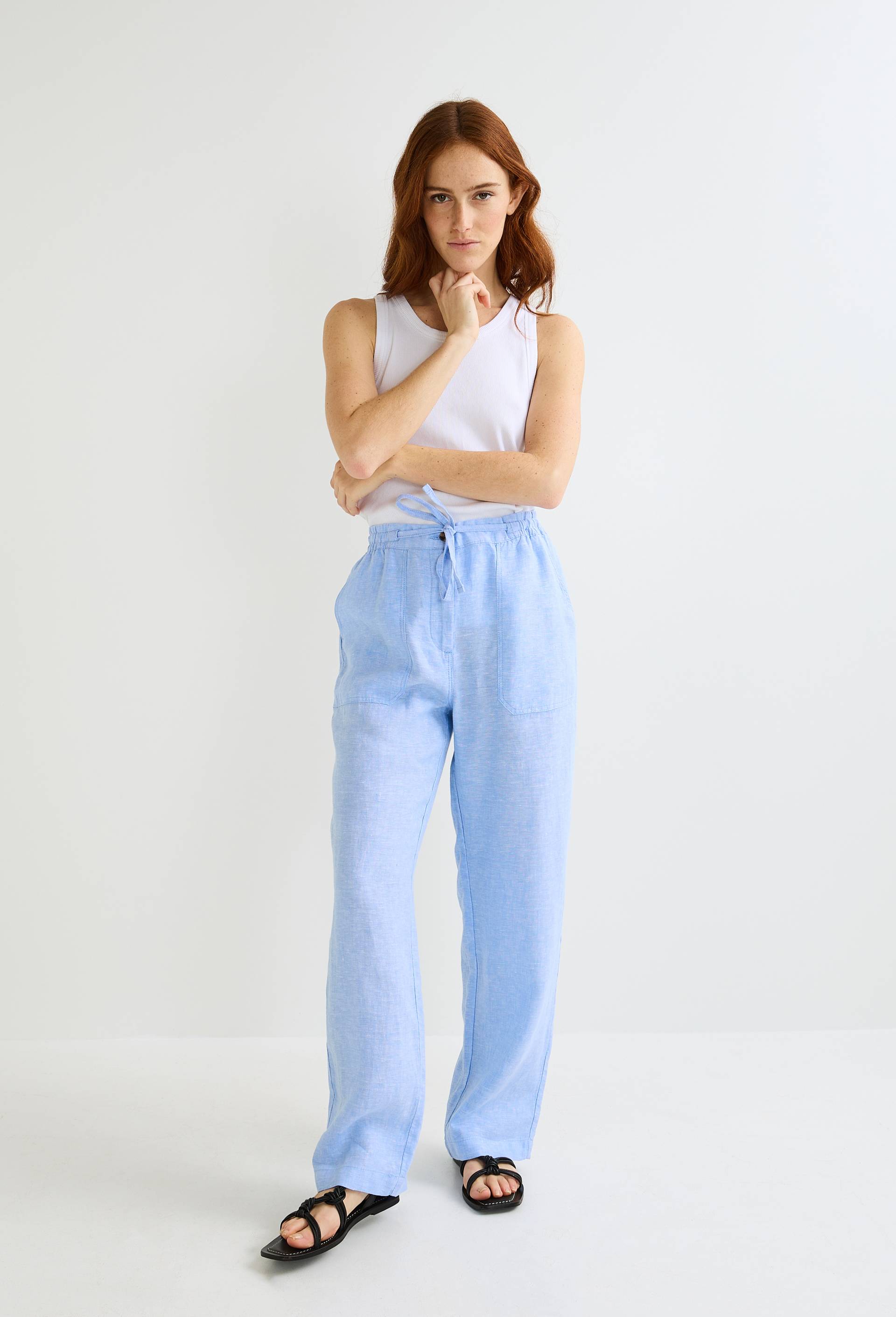 Pantalon taille semi-élastiquée uni en lin, Bleu clair, large image number 0