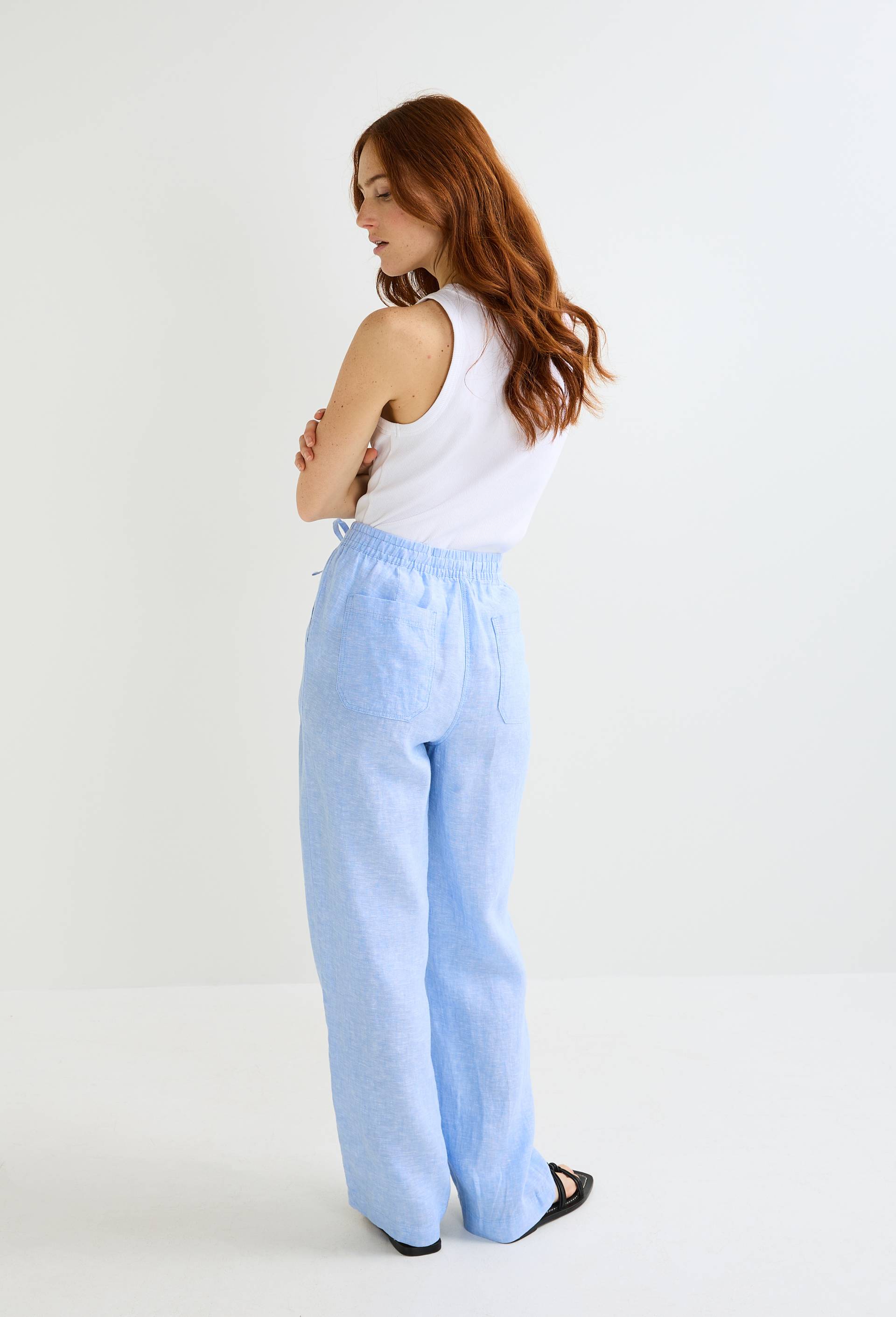 Pantalon taille semi-élastiquée uni en lin, Bleu clair, large image number 1