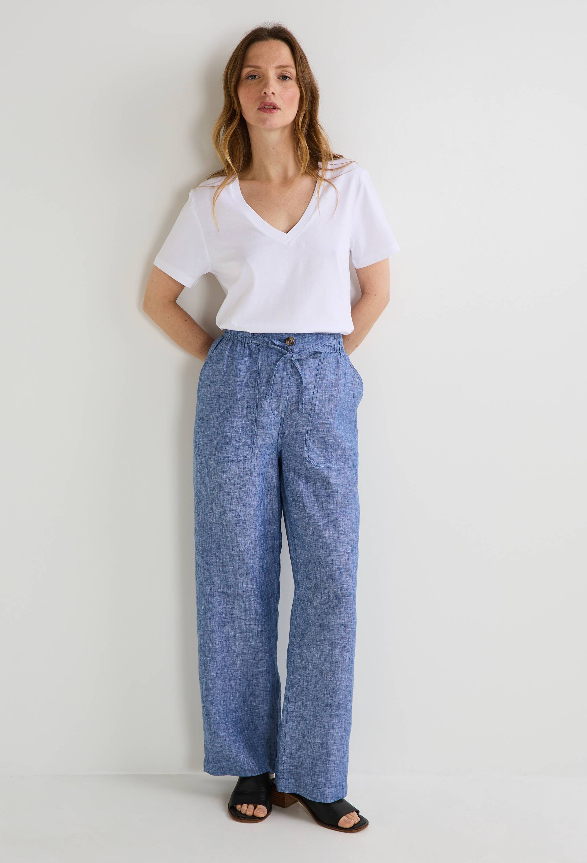 Pantalon taille semi-élastiquée uni en lin, BLEU, large image number 0