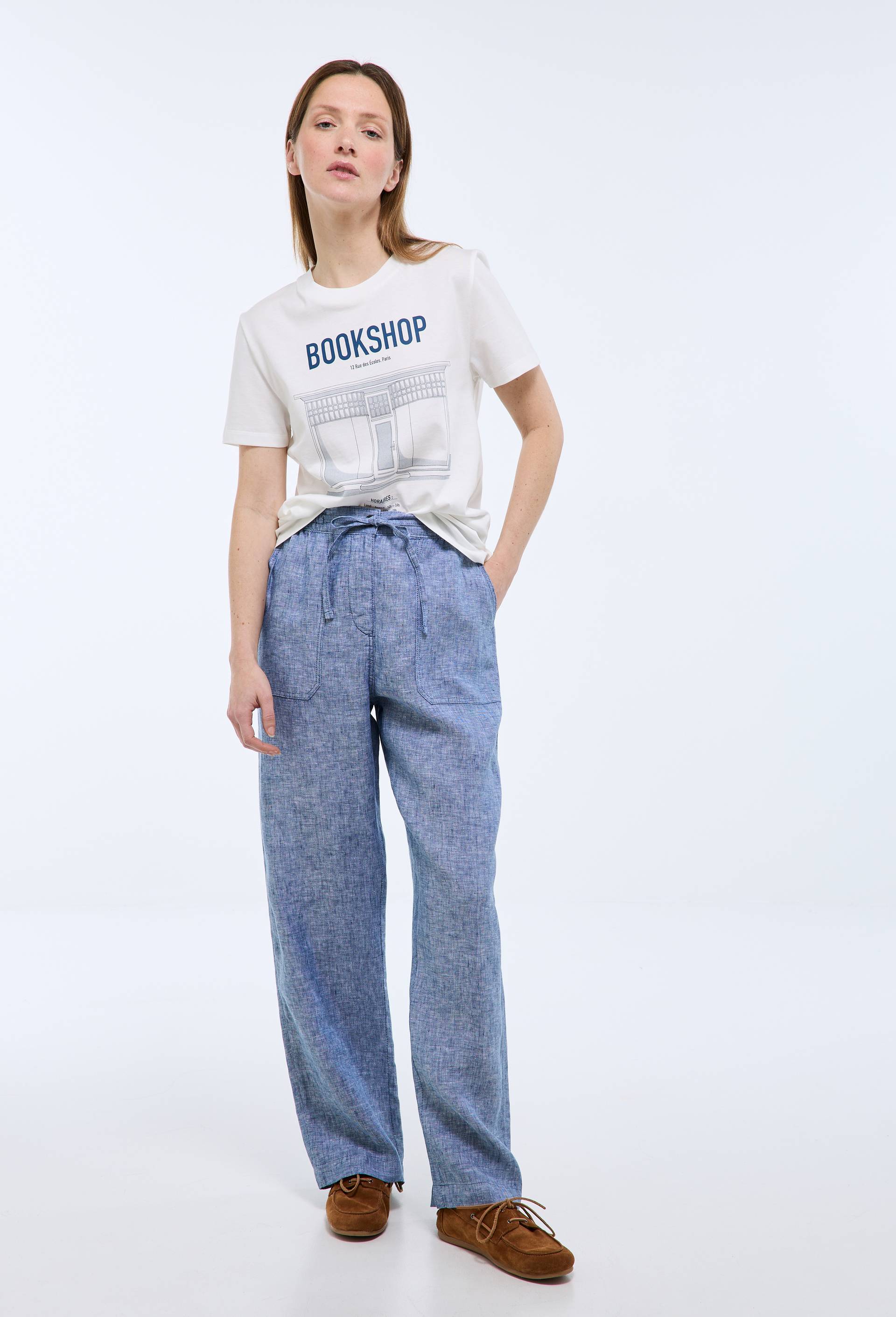 Pantalon taille semi-&eacute;lastiqu&eacute;e uni en lin, Bleu, large image number 0