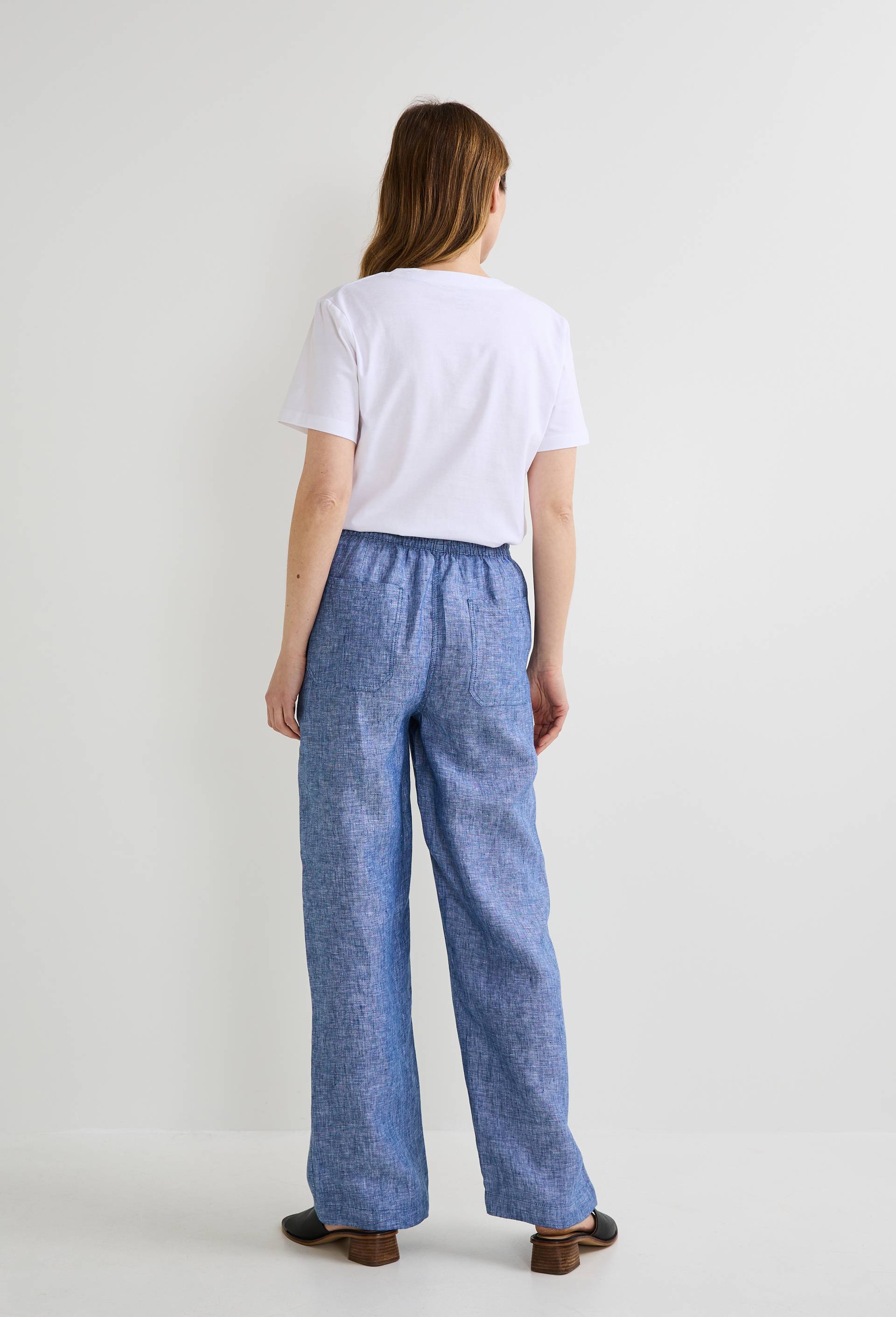 Pantalon taille semi-élastiquée uni en lin, BLEU, large image number 1