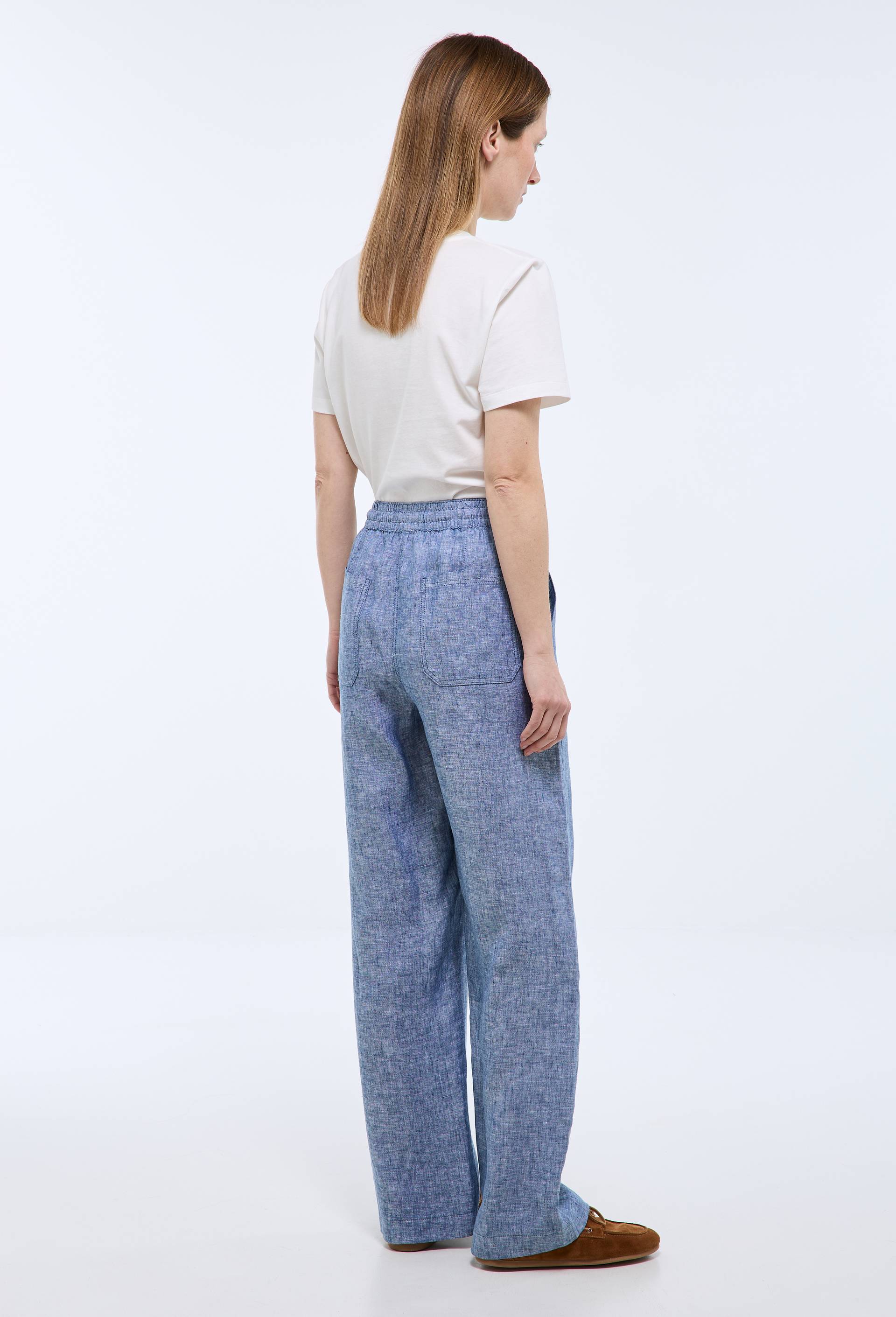 Pantalon taille semi-&eacute;lastiqu&eacute;e uni en lin, Bleu, large image number 1
