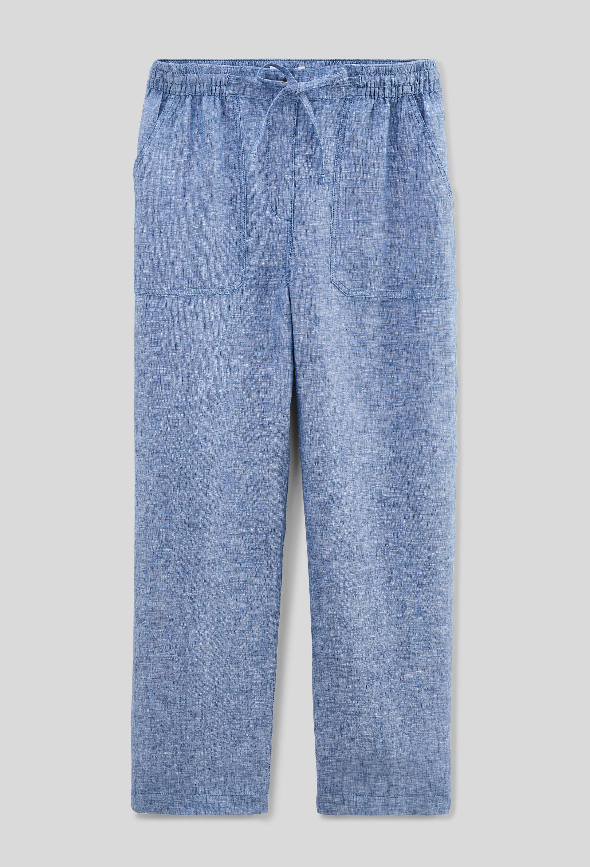 Pantalon taille semi-élastiquée uni en lin, BLEU, large image number 2.0
