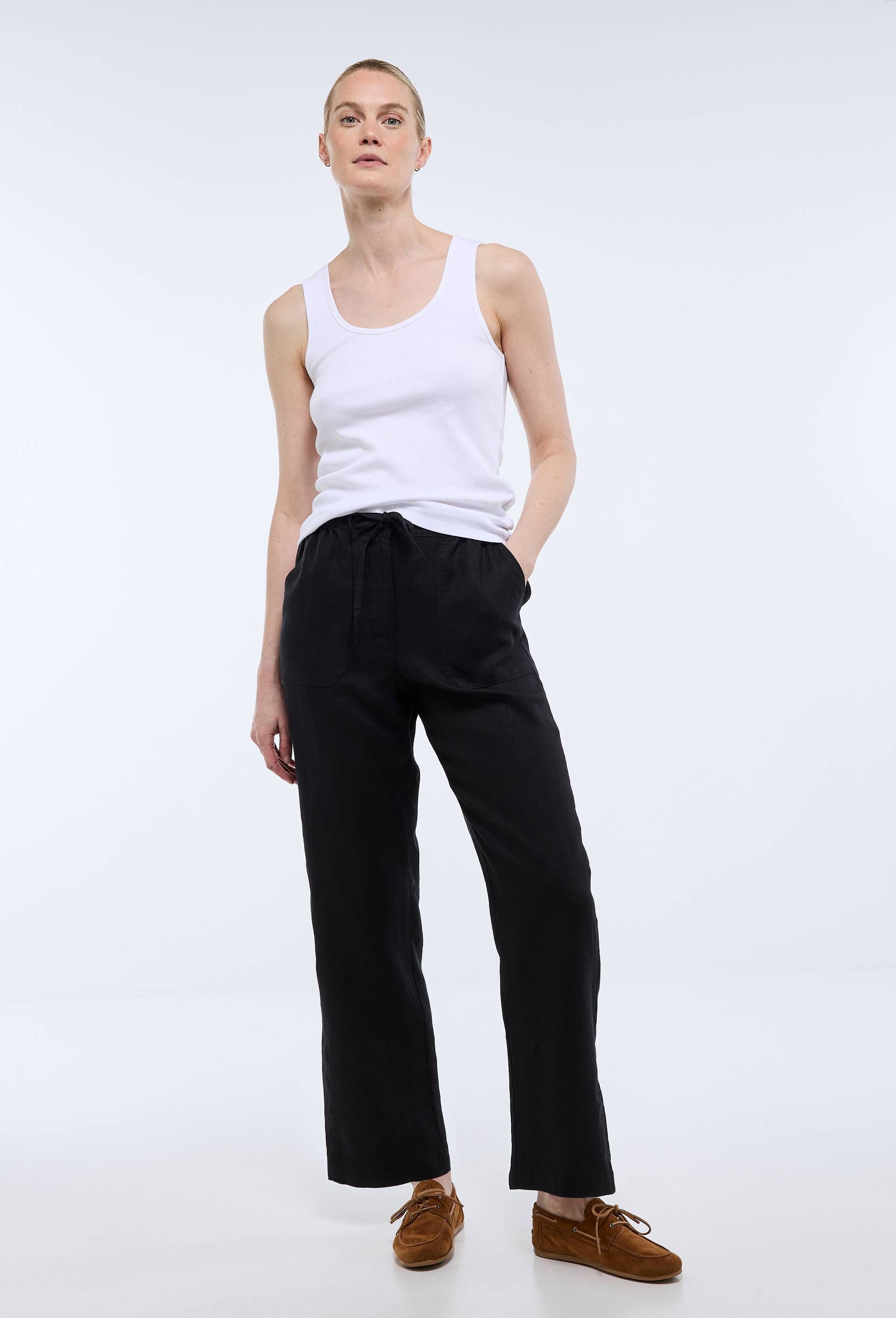 Pantalon taille semi-&eacute;lastiqu&eacute;e uni en lin, Noir, swatch image