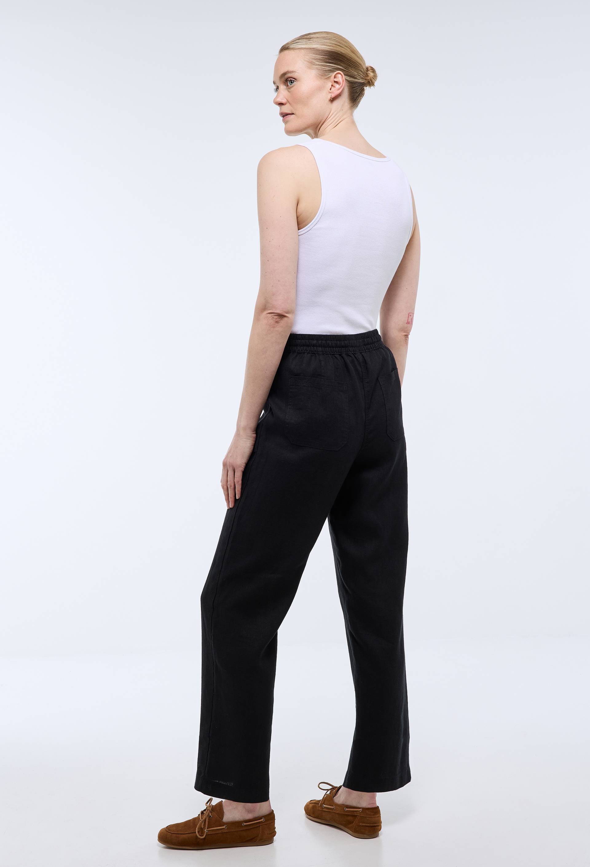Pantalon taille semi-&eacute;lastiqu&eacute;e uni en lin, Noir, large image number 1