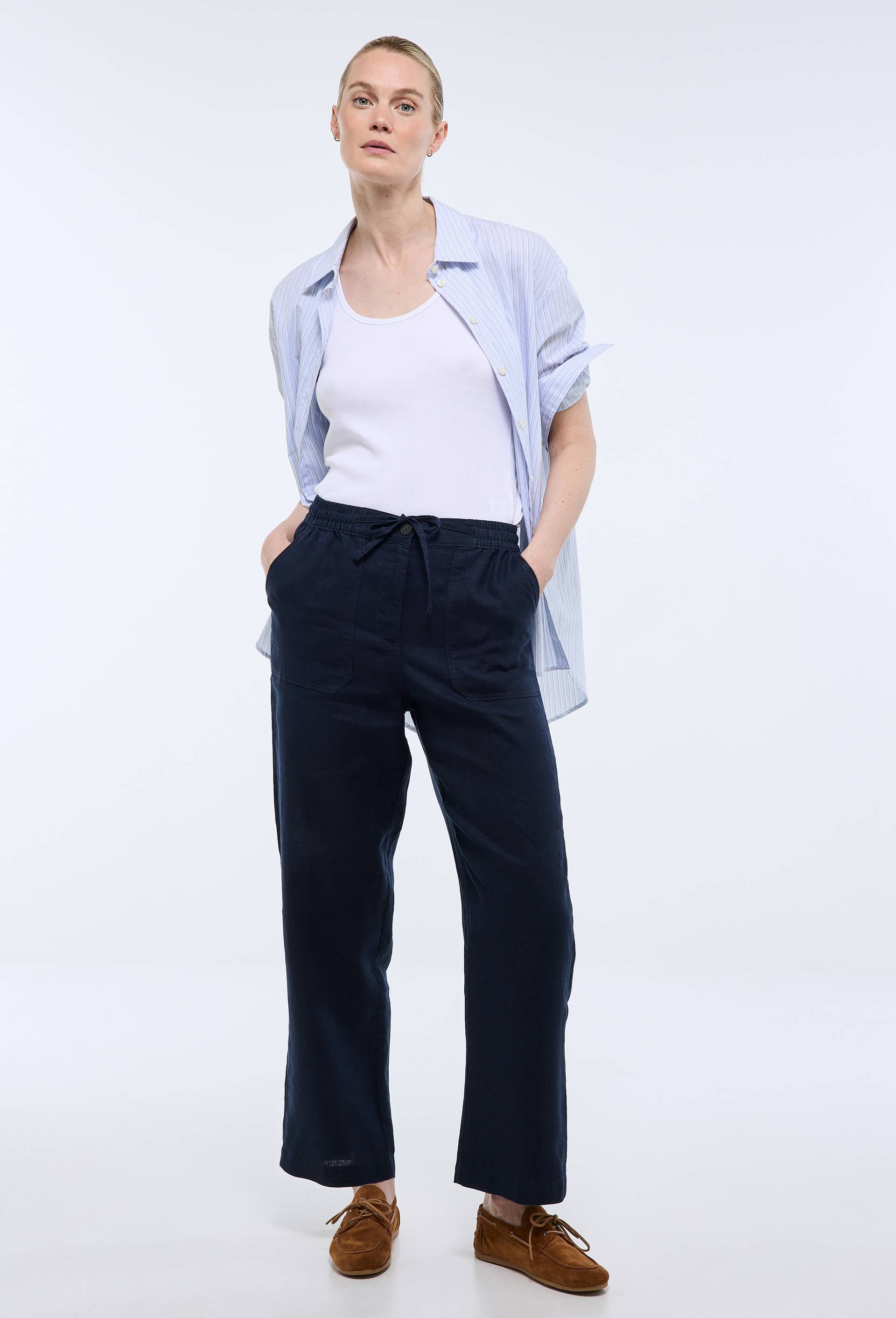 Pantalon taille semi-&eacute;lastiqu&eacute;e uni en lin, Bleu fonc&eacute;, large image number 0.0