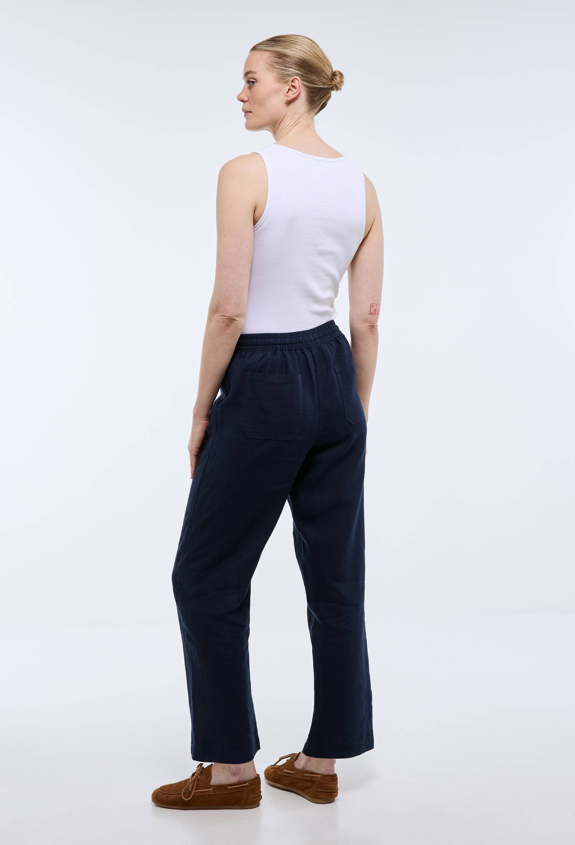 Pantalon taille semi-&eacute;lastiqu&eacute;e uni en lin, Bleu fonc&eacute;, large image number 1