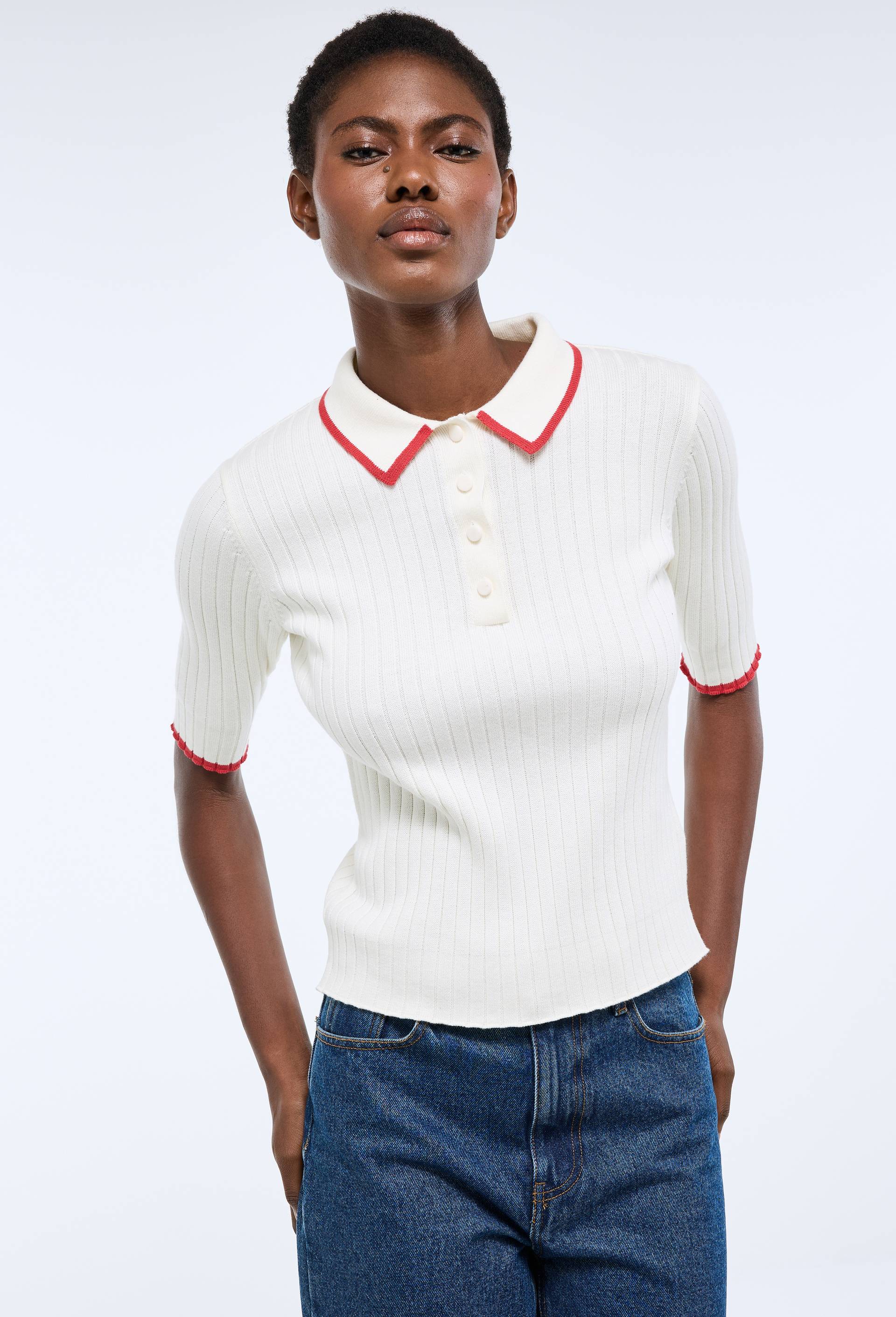 Pull col polo boutonn&eacute; en coton certifi&eacute; GOTS, Oeko-Tex, Ecru, large image number 0.0