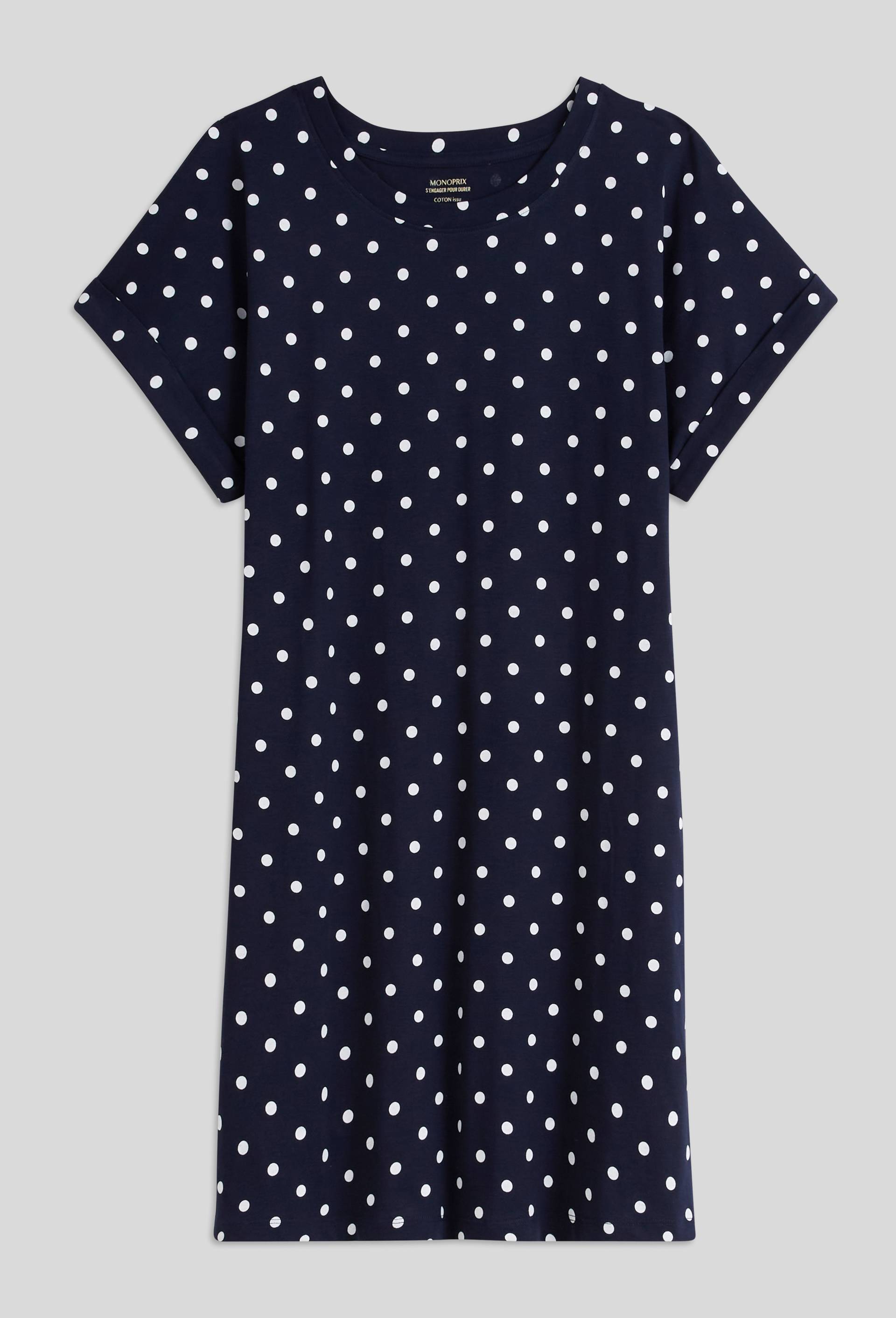 Chemise de nuit manches courtes imprim&eacute;e en coton BIO GOTS, Bleu fonc&eacute;, large image number 2.0