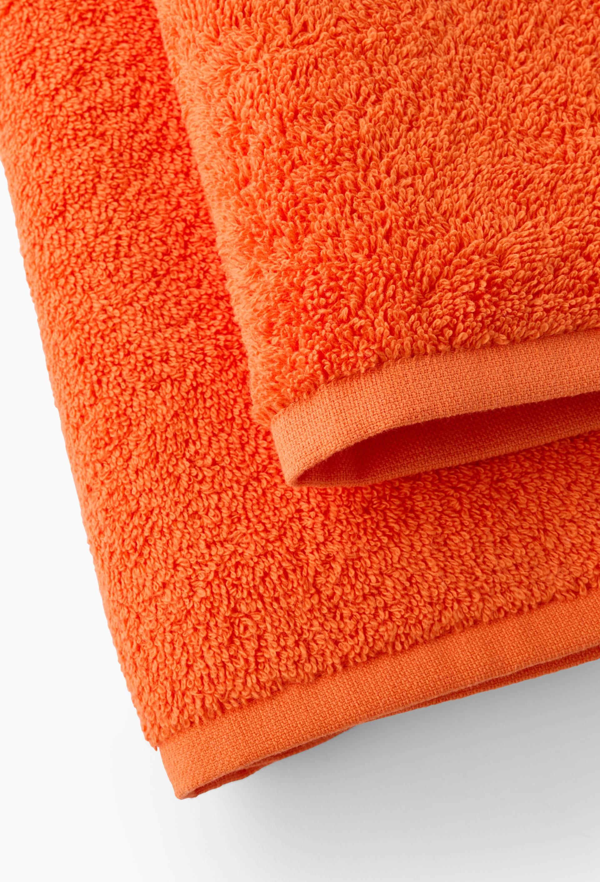 Lot &eacute;ponge serviette et drap de  bain, 50x90cm et 70x130cm, 100% coton, Orange, large image number 1