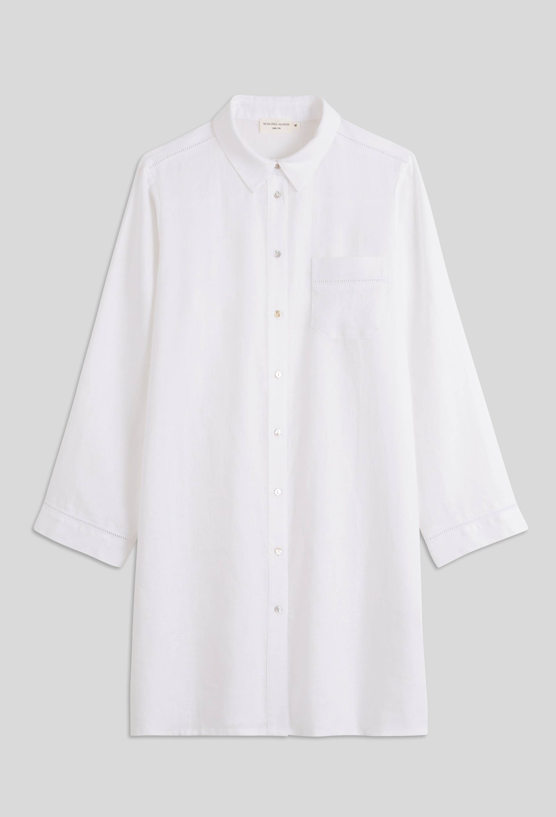 Chemise de nuit manches longues unie en lin, Blanc, large image number 2.0