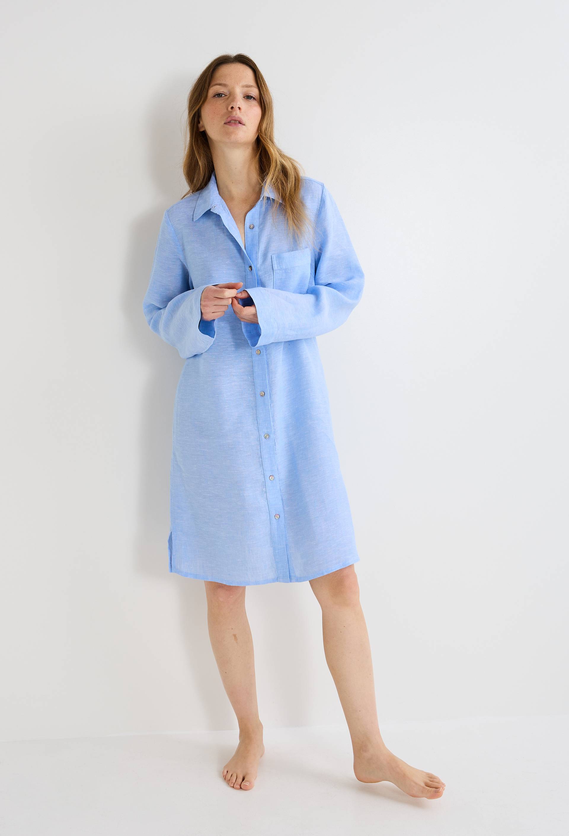 Chemise de nuit manches longues unie en lin, Bleu clair, large image number 0