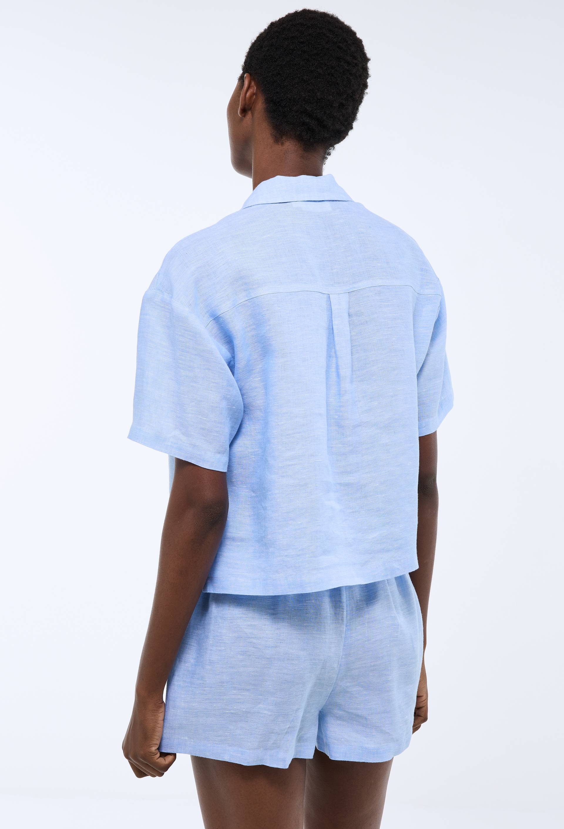 Pyjashort uni manches courtes en lin, Bleu clair, large image number 1