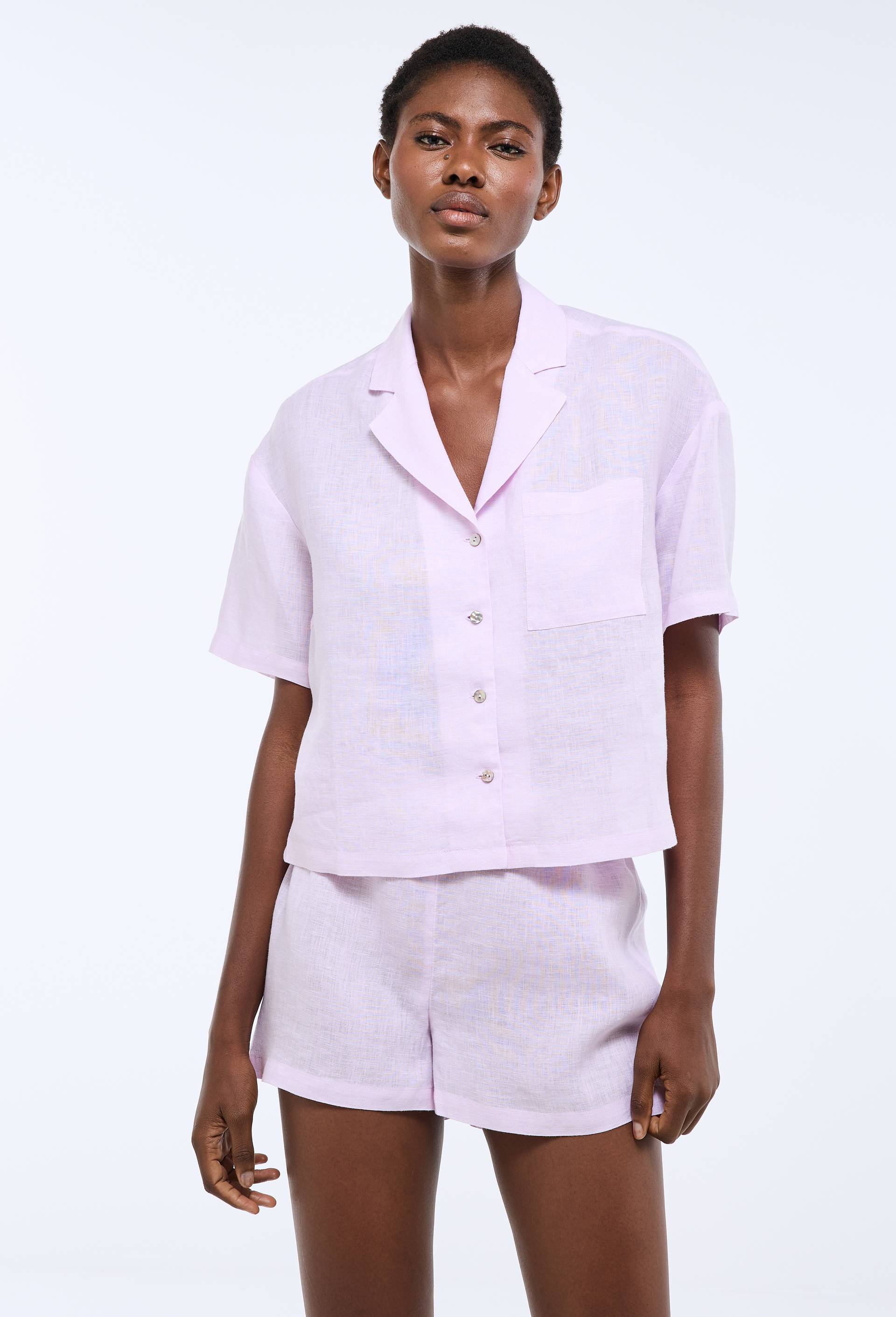 Pyjashort uni manches courtes en lin, Rose clair, swatch image