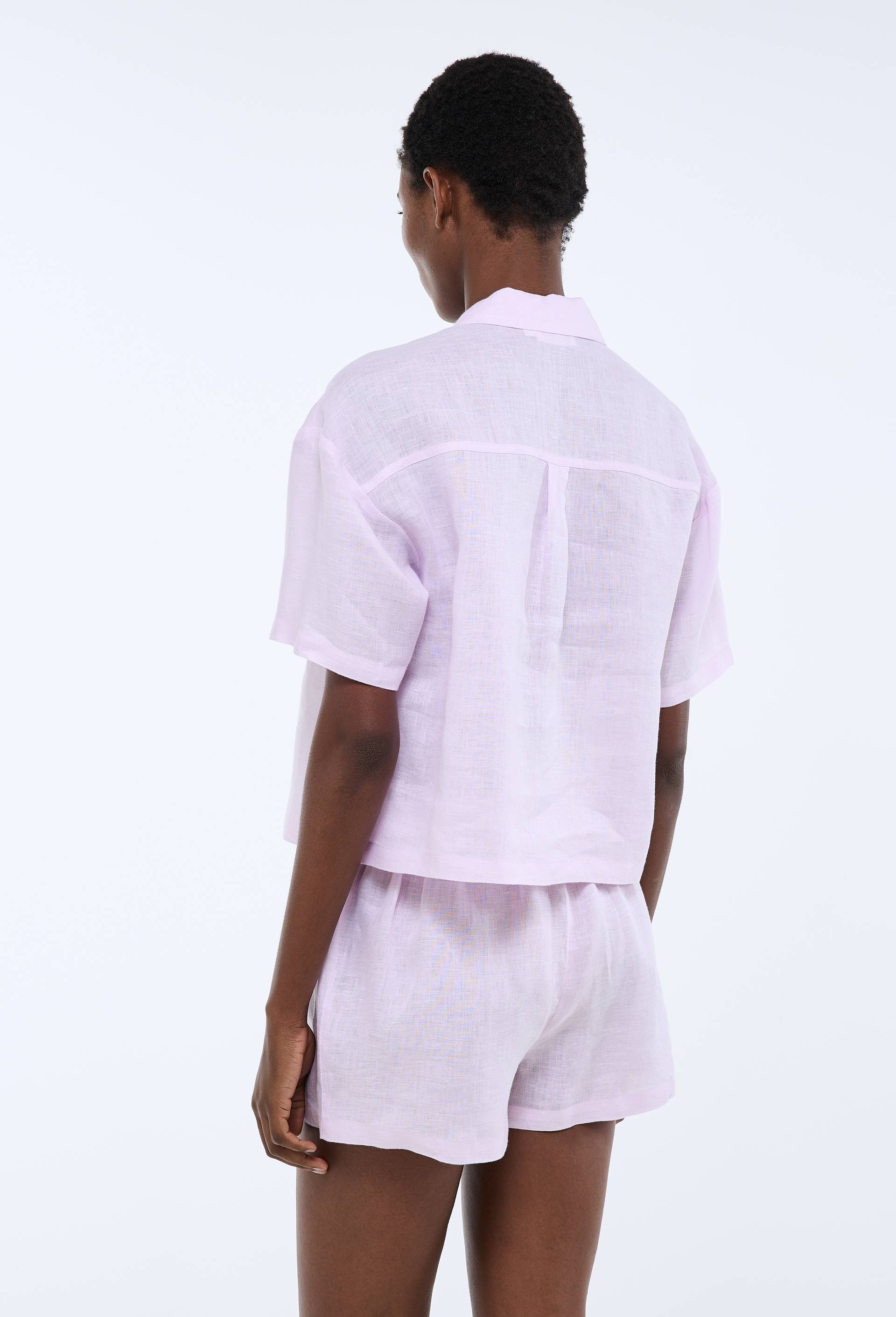 Pyjashort uni manches courtes en lin, Rose clair, large image number 1.0