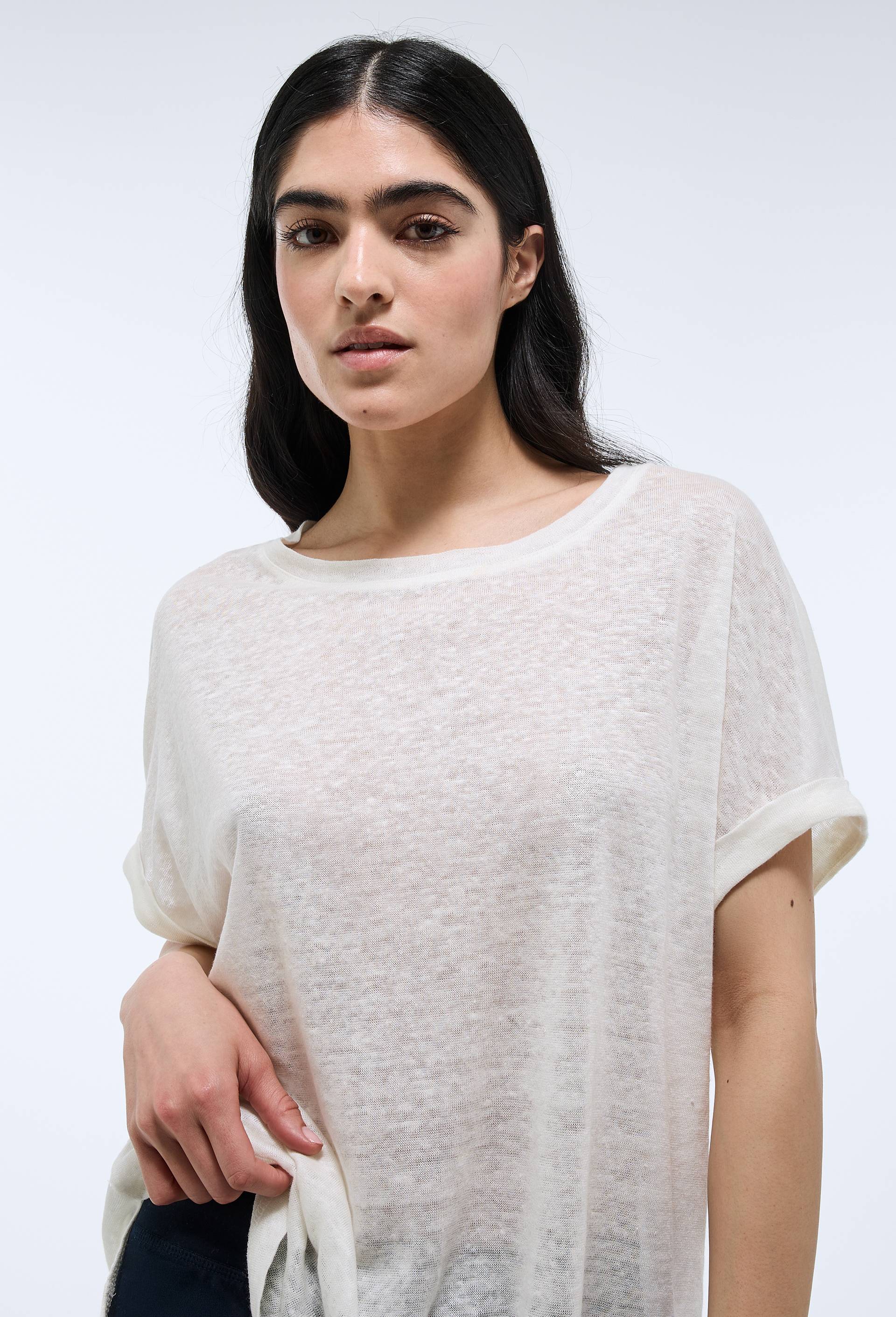 T-shirt col rond en lin jersey, Ecru, large image number 0