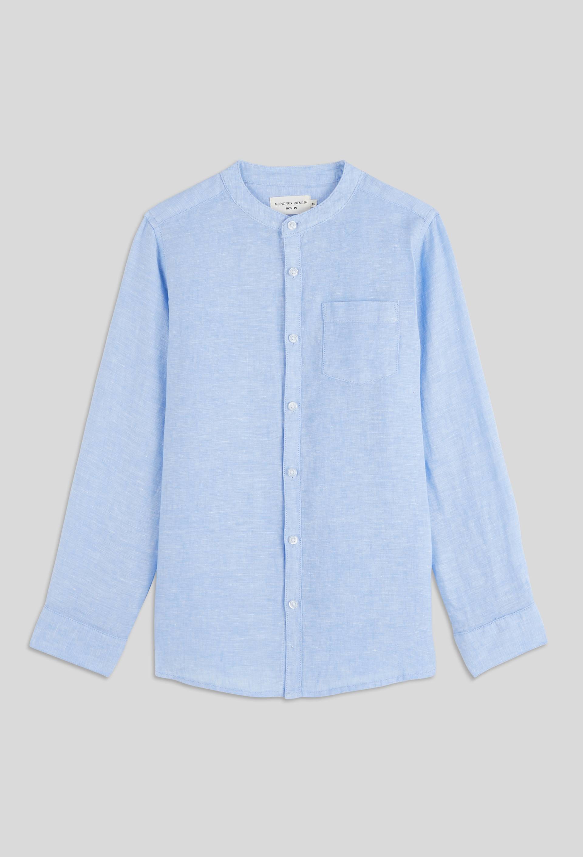 Chemise col mao unie en 100% lin, Bleu clair, swatch image