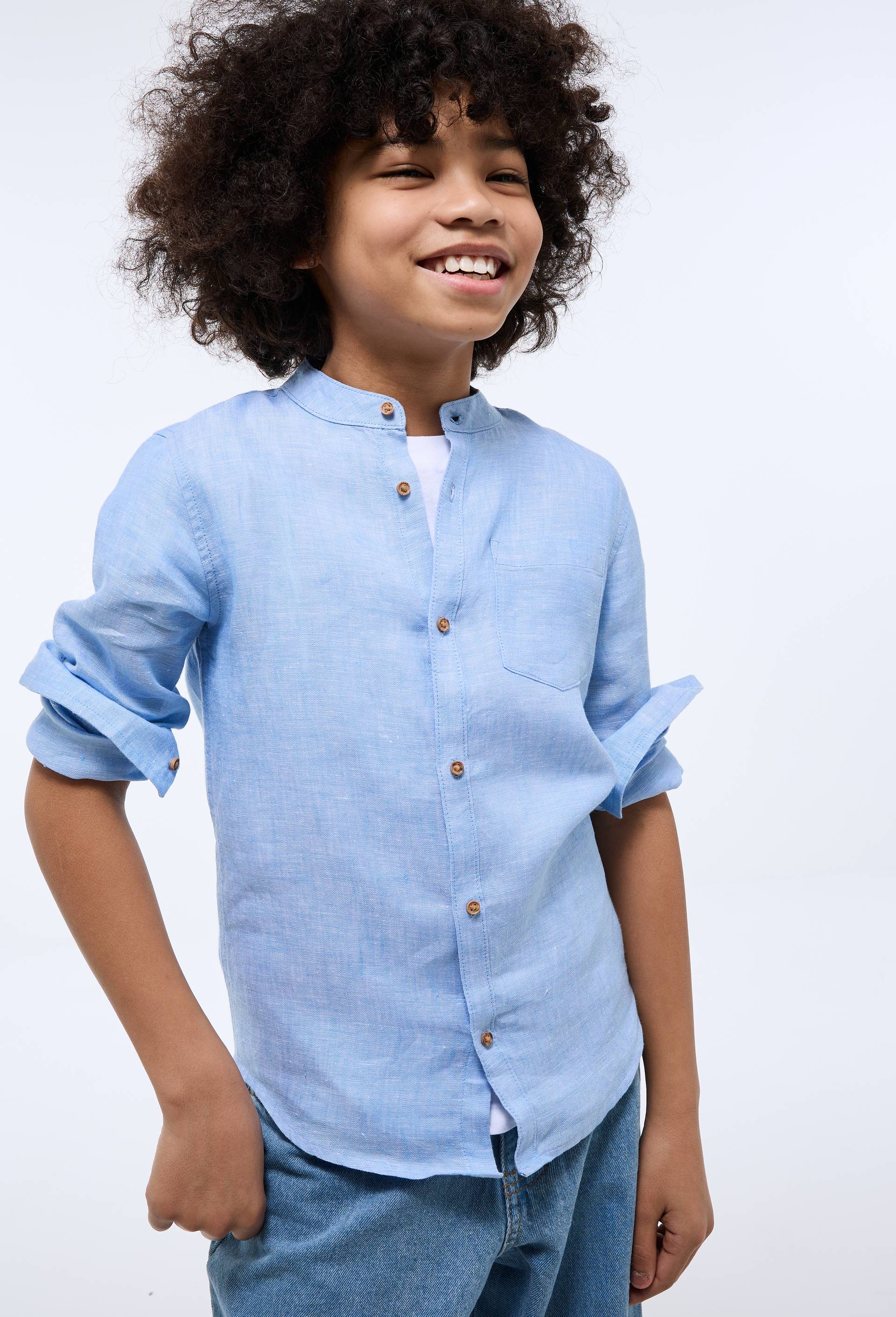 Chemise col mao unie en 100% lin, Bleu clair, large image number 0.0