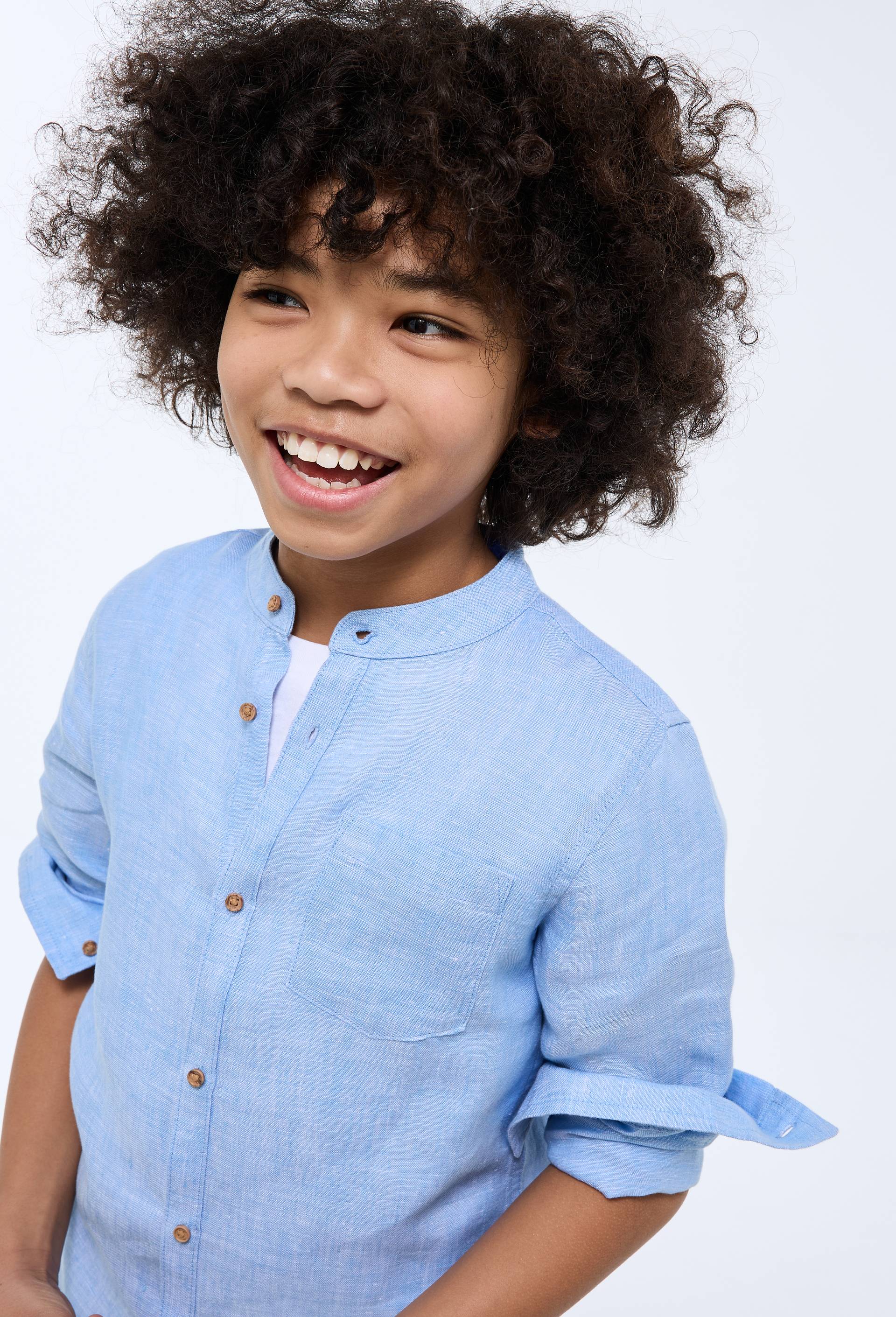 Chemise col mao unie en 100% lin, Bleu clair, large image number 1
