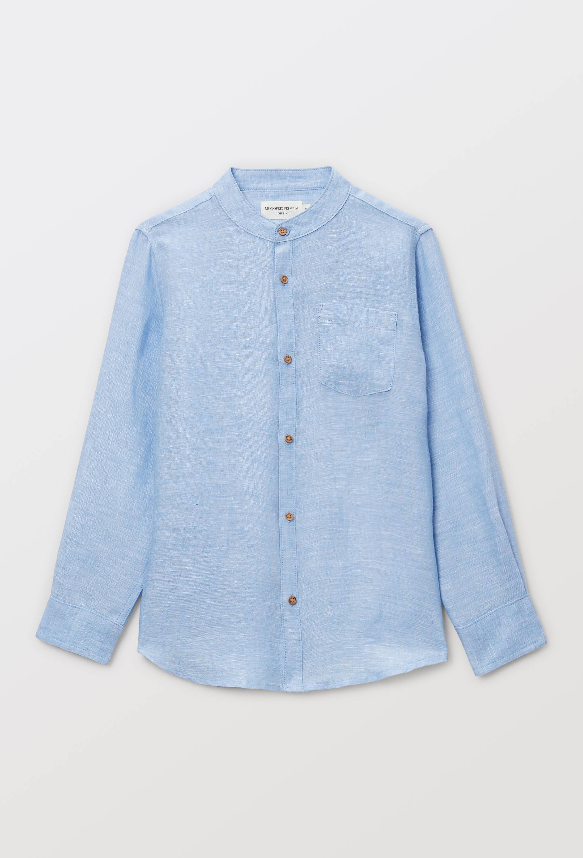Chemise col mao unie en 100% lin, Bleu clair, large image number 2