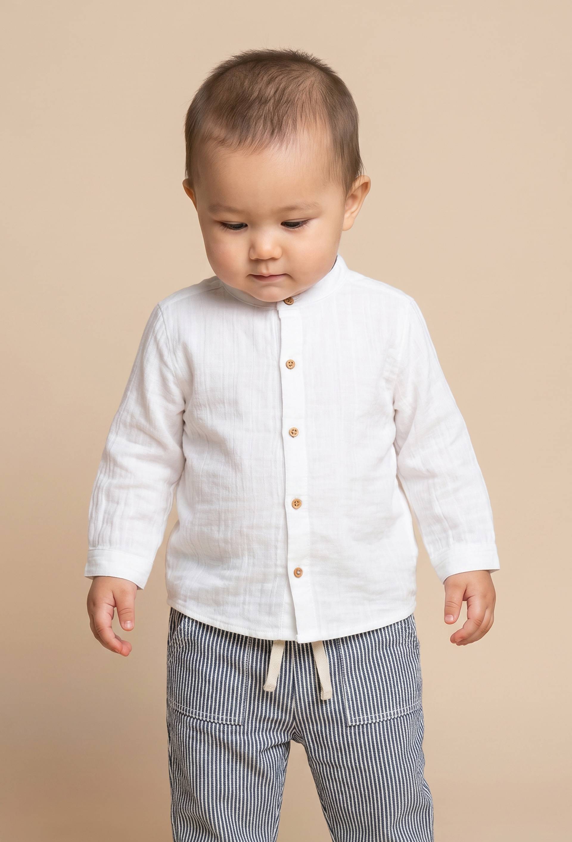 Chemise col mao unie en gaze de coton BIO GOTS, Blanc, large image number 0