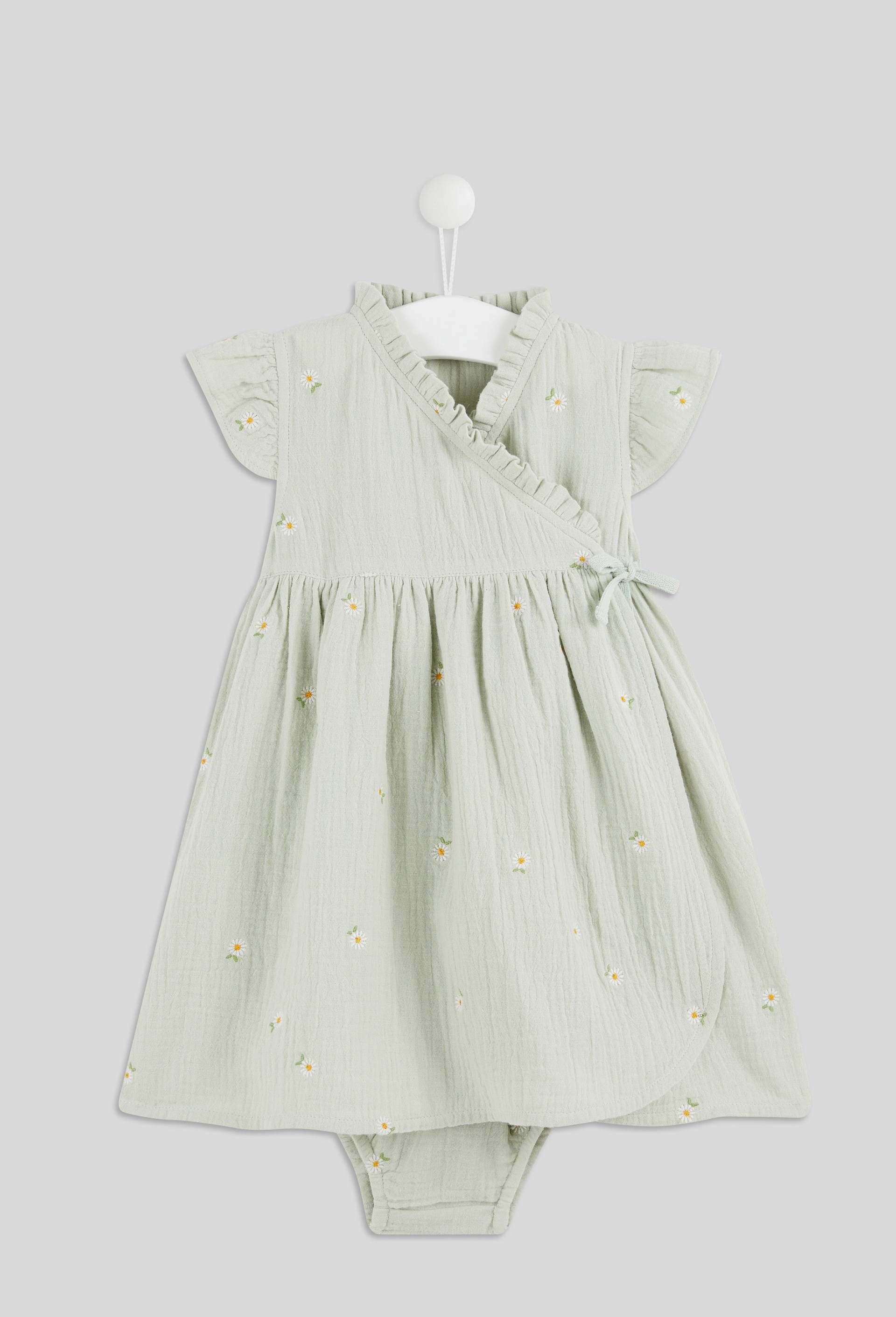 Robe portefeuille avec culotte brod&eacute;e en coton BIO, Vert clair, large image number 0