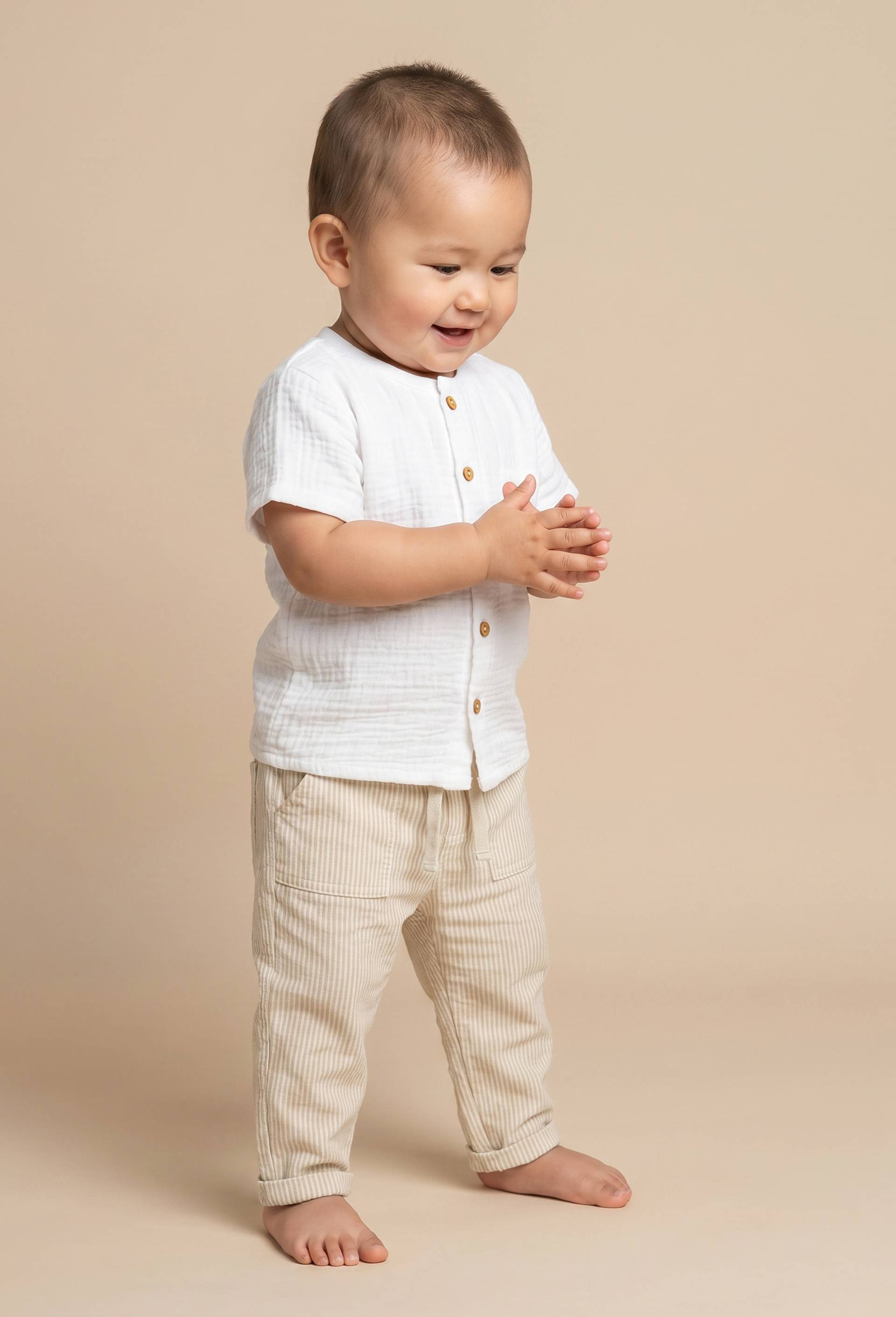 Pantalon taille &eacute;lastique ray&eacute; en coton BIO GOTS, Brun clair, swatch image