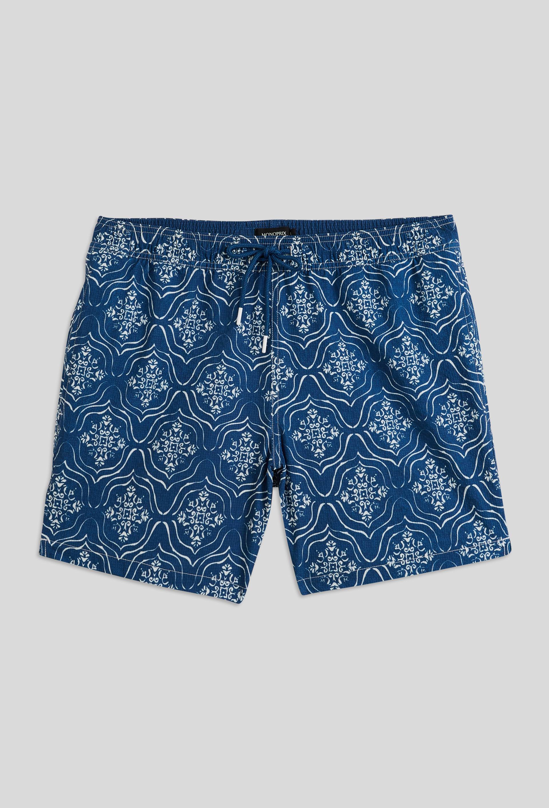Short de bain imprim&eacute; g&eacute;om&eacute;trique en polyester recycl&eacute;, certifi&eacute; OEKO-TEX, Bleu fonc&eacute;, large image number 0