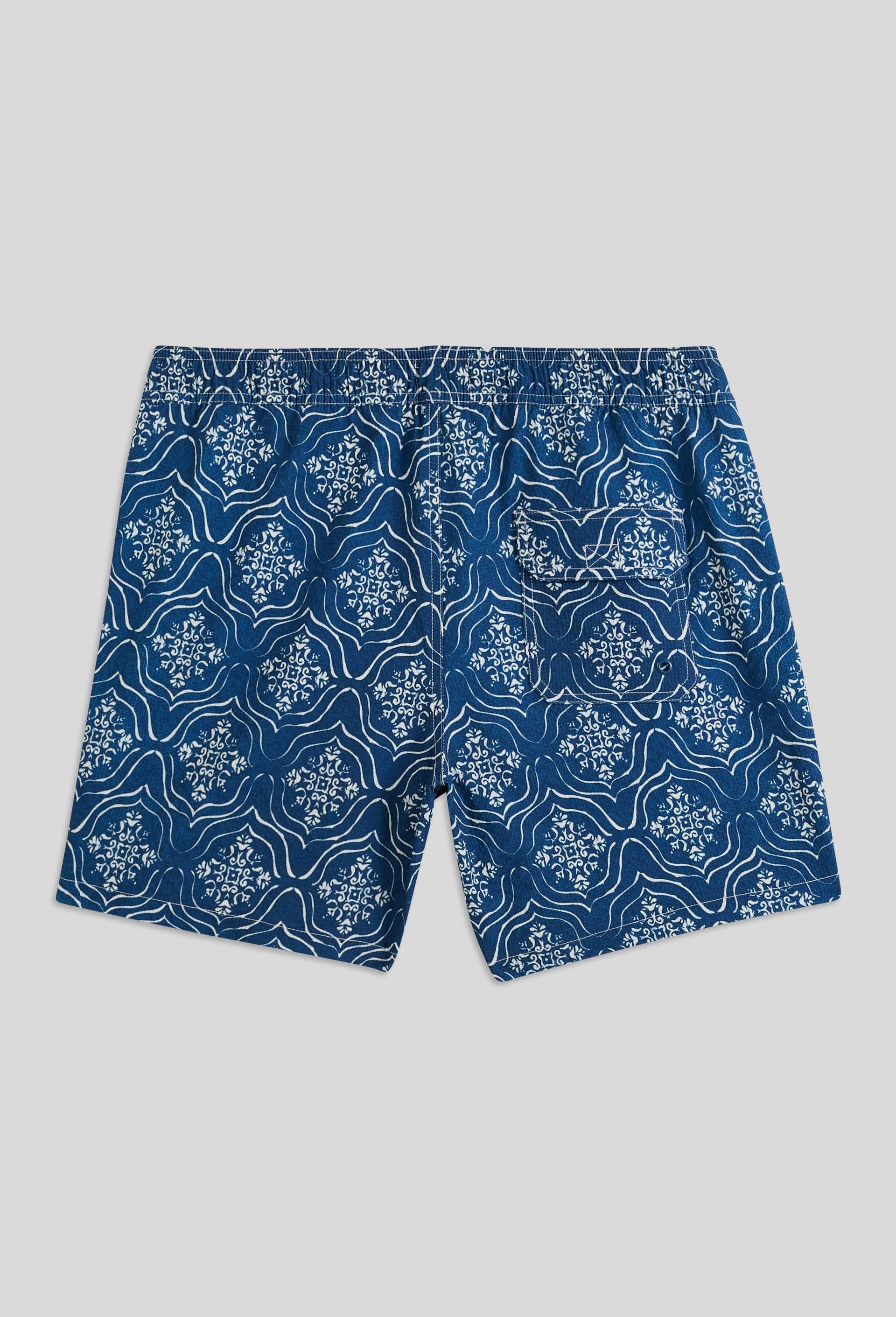 Short de bain imprim&eacute; g&eacute;om&eacute;trique en polyester recycl&eacute;, certifi&eacute; OEKO-TEX, Bleu fonc&eacute;, large image number 1