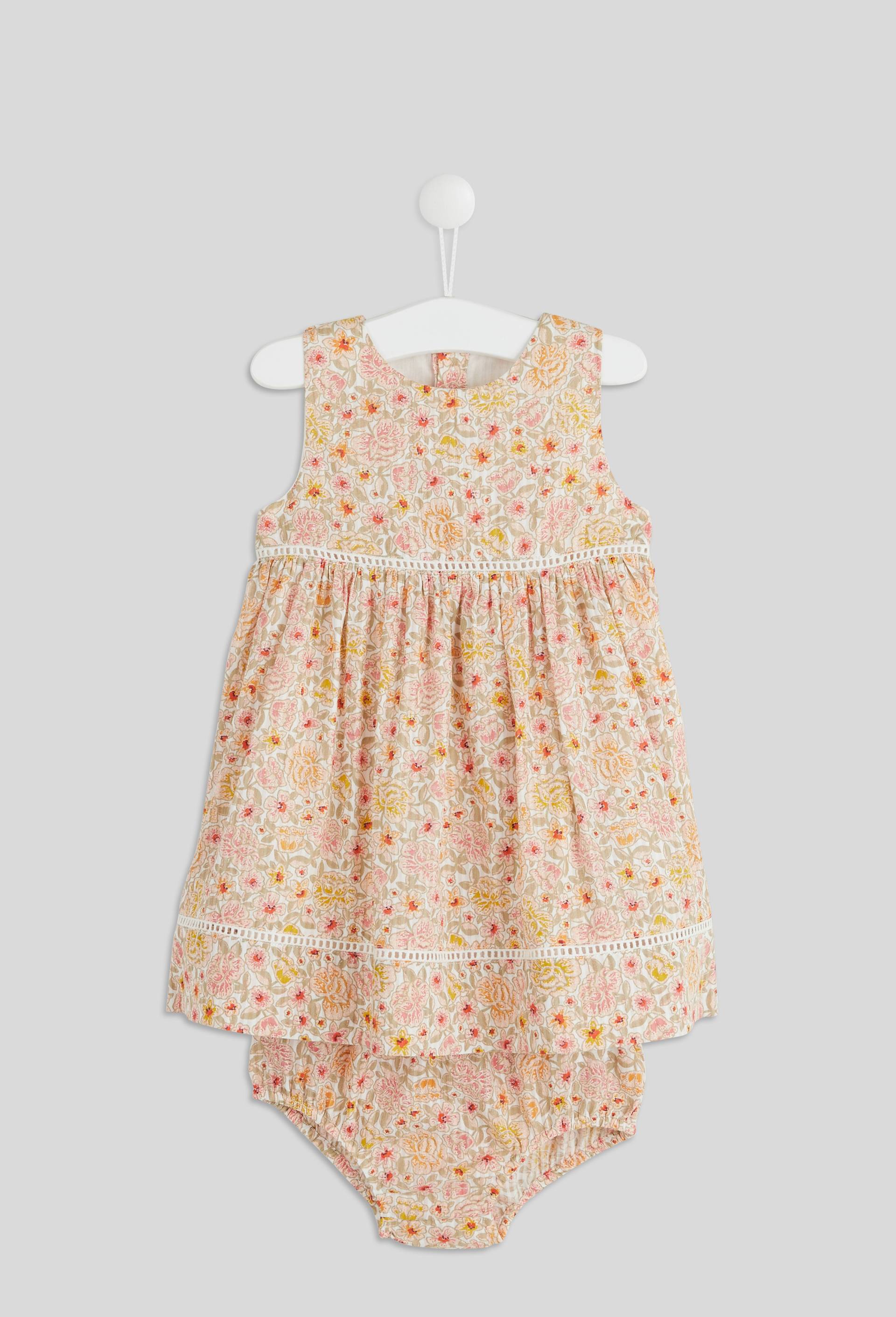 Robe col rond sans manches avec culotte imprim&eacute;, en coton BIO, certifi&eacute; BIO et Oeko-Tex - Collection C&eacute;r&eacute;monie, Ecru, large image number 0