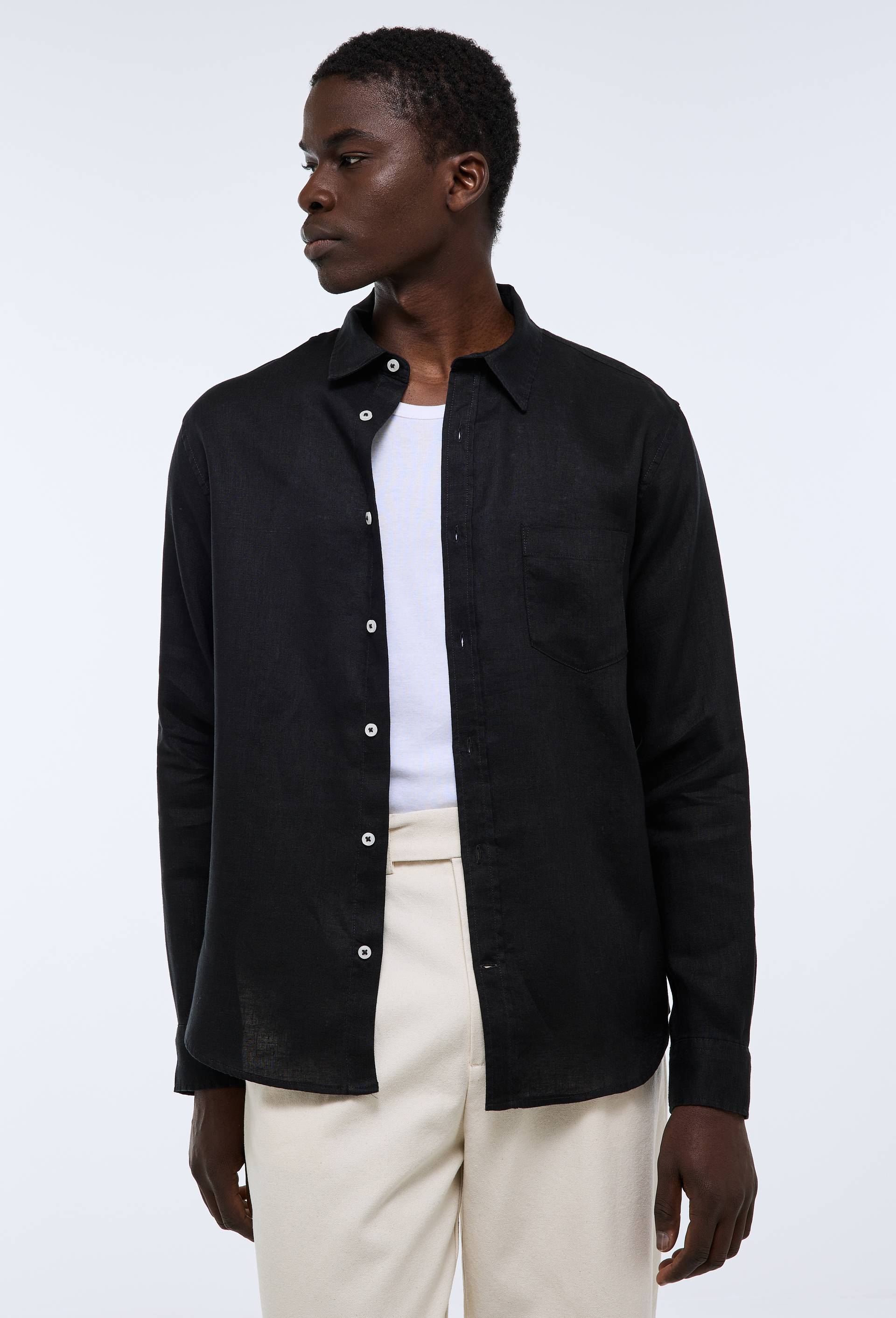 Chemise manches longues en lin, Noir, large image number 0
