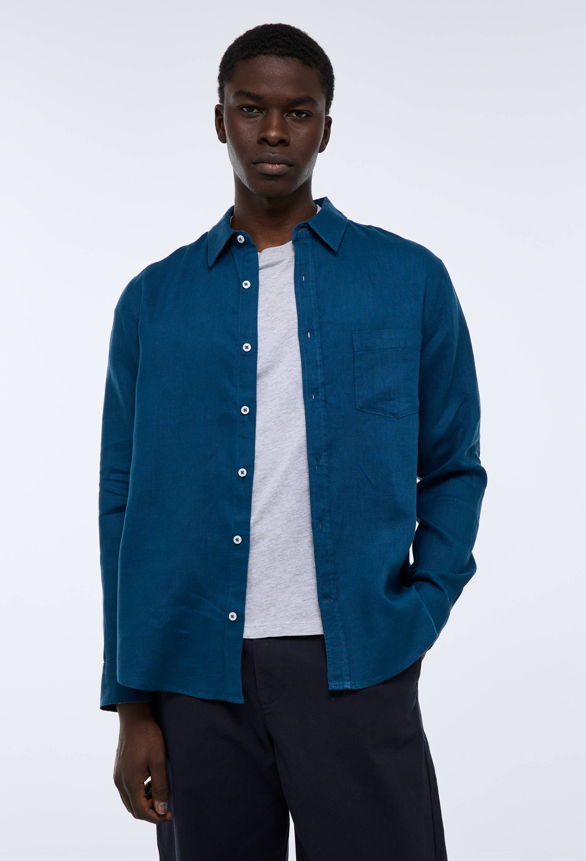 Chemise manches longues en lin, Bleu fonc&eacute;, large image number 0.0