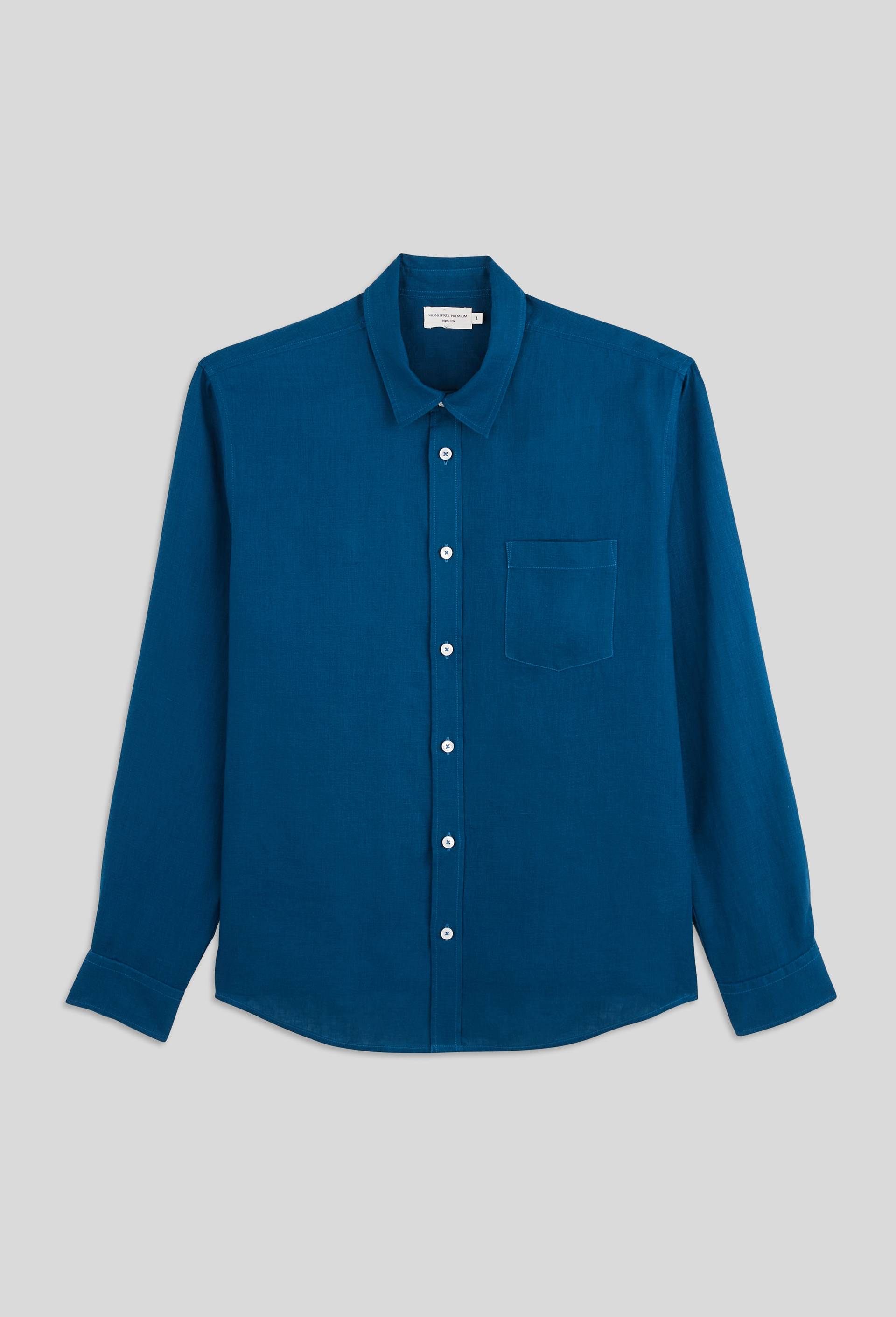 Chemise manches longues en lin BLEU FONCE pour homme MONOPRIX PREMIUM