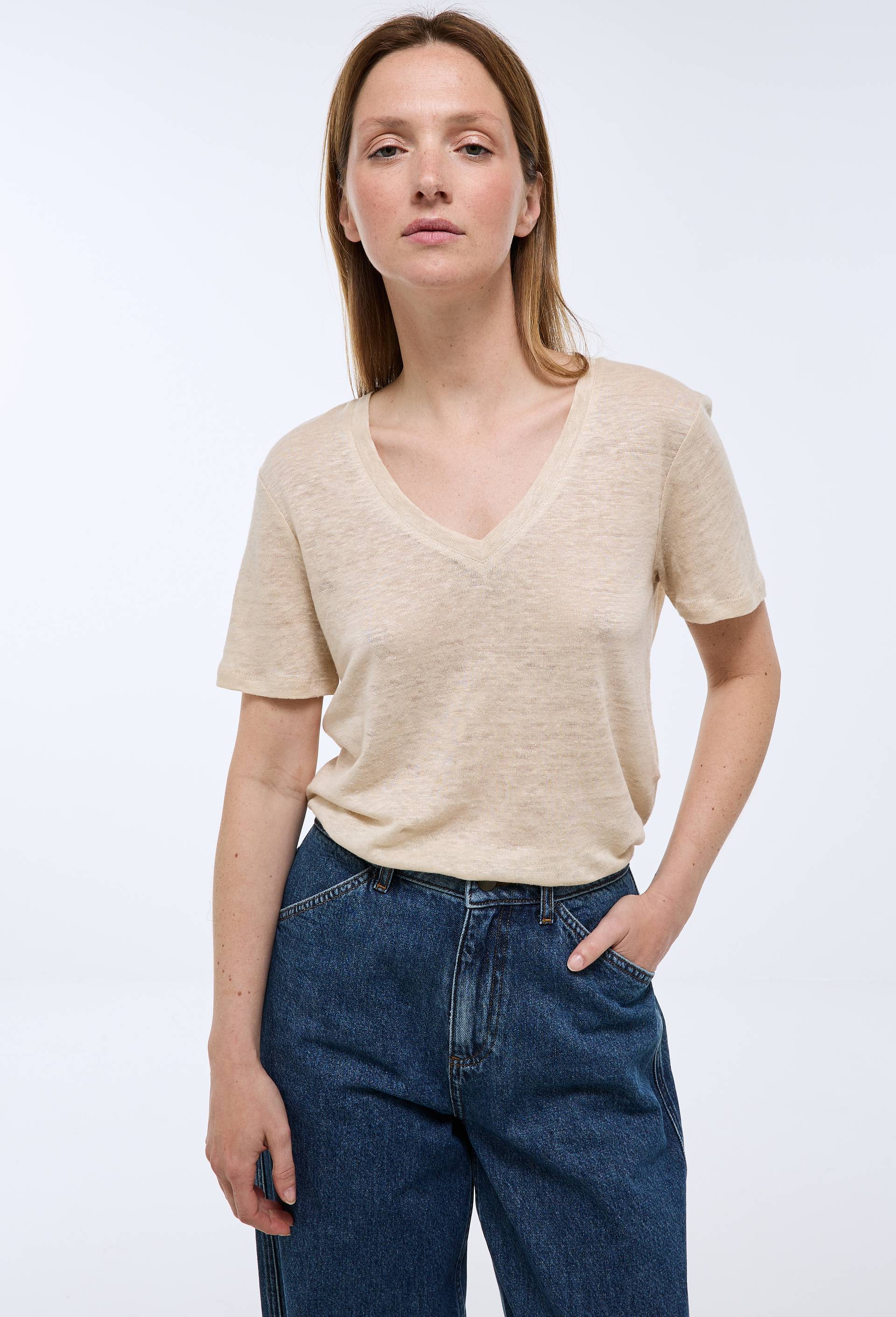T-shirt manches courtes uni en lin, Beige clair, swatch image