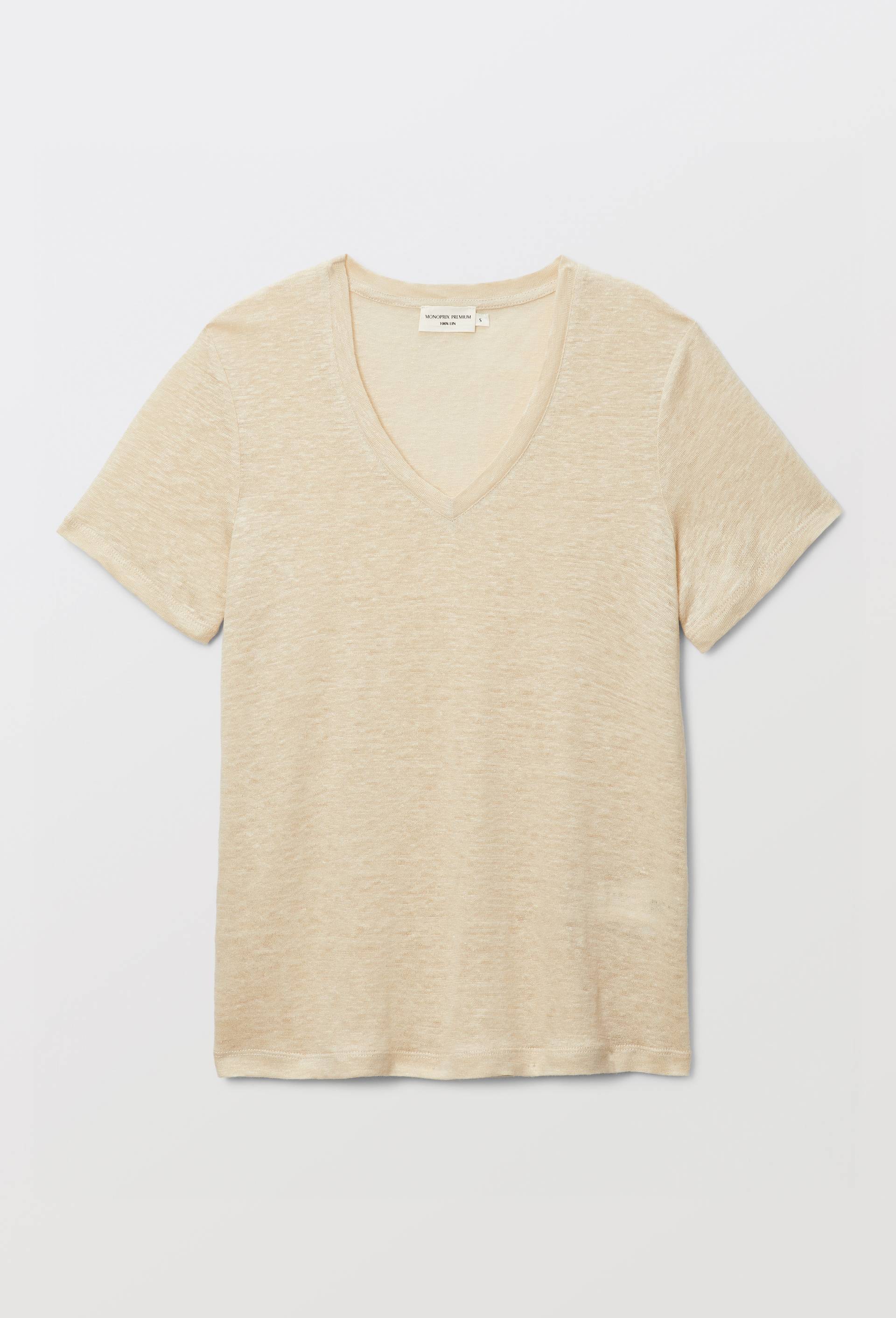 T-shirt manches courtes uni en lin, Beige clair, large image number 2.0