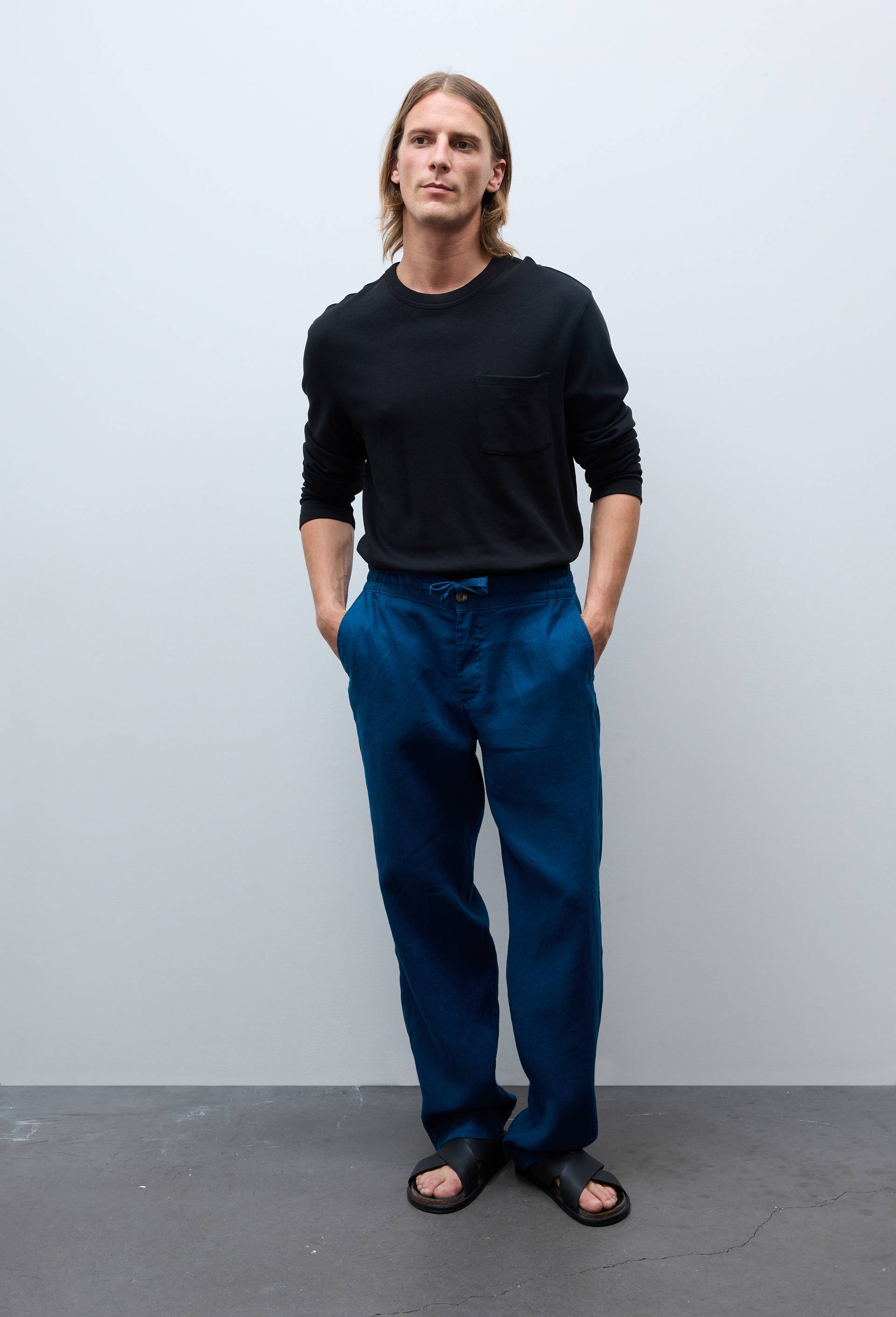 Pantalon &eacute;lastiqu&eacute; en lin, Bleu fonc&eacute;, large image number 0.0