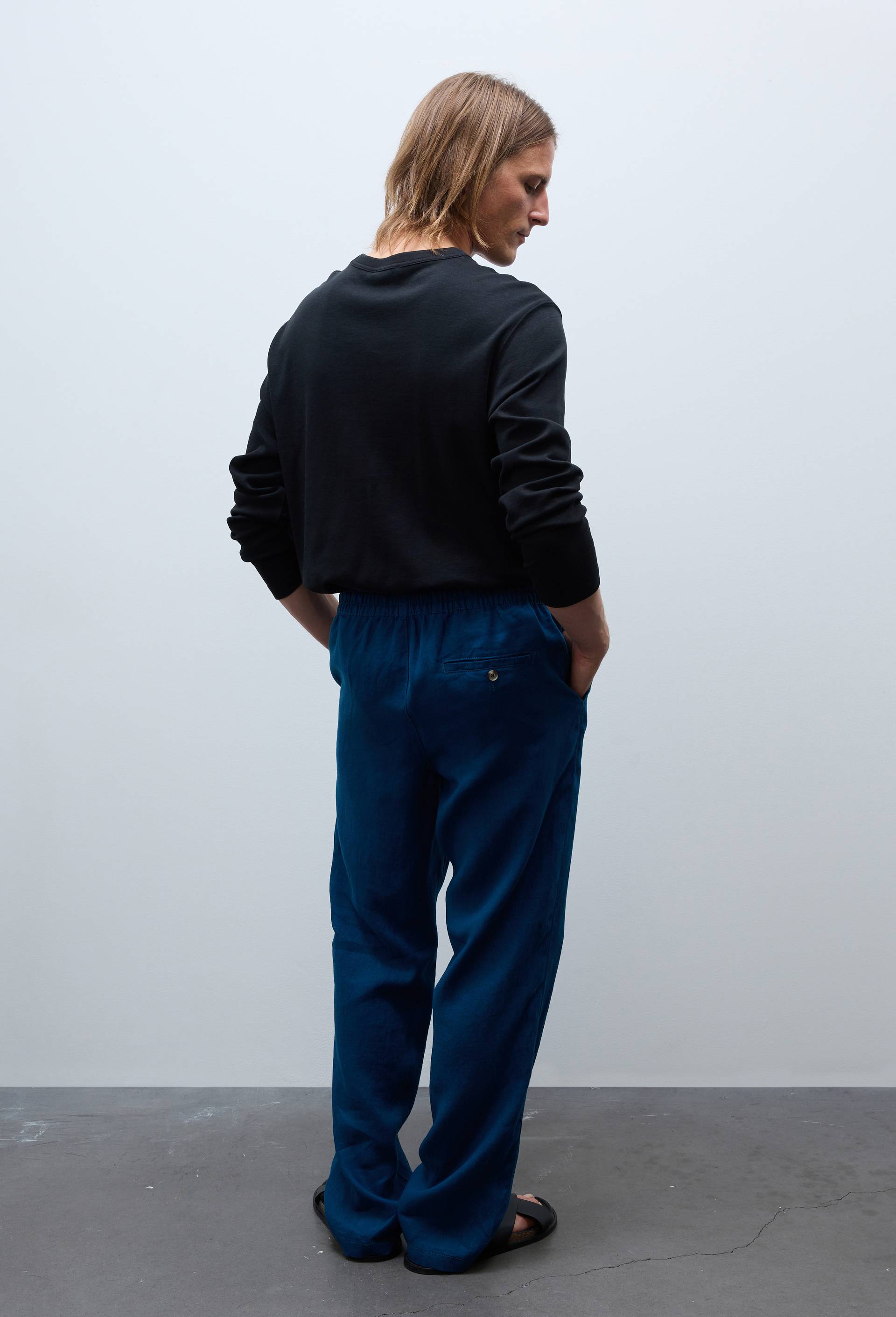 Pantalon &eacute;lastiqu&eacute; en lin, Bleu fonc&eacute;, large image number 1.0