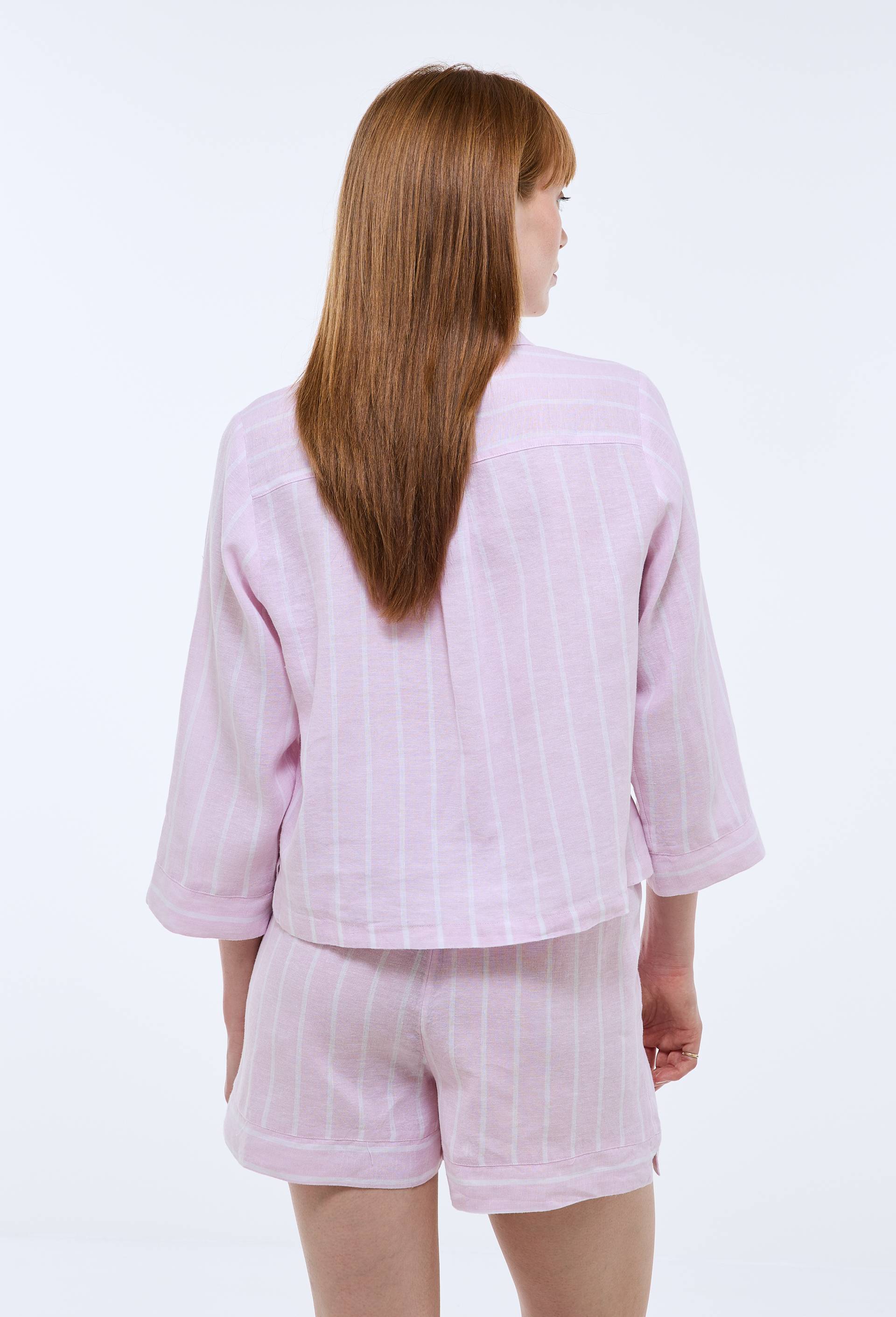 Pyjashort ray&eacute; manches longues en lin et coton, Rose clair, large image number 1.0