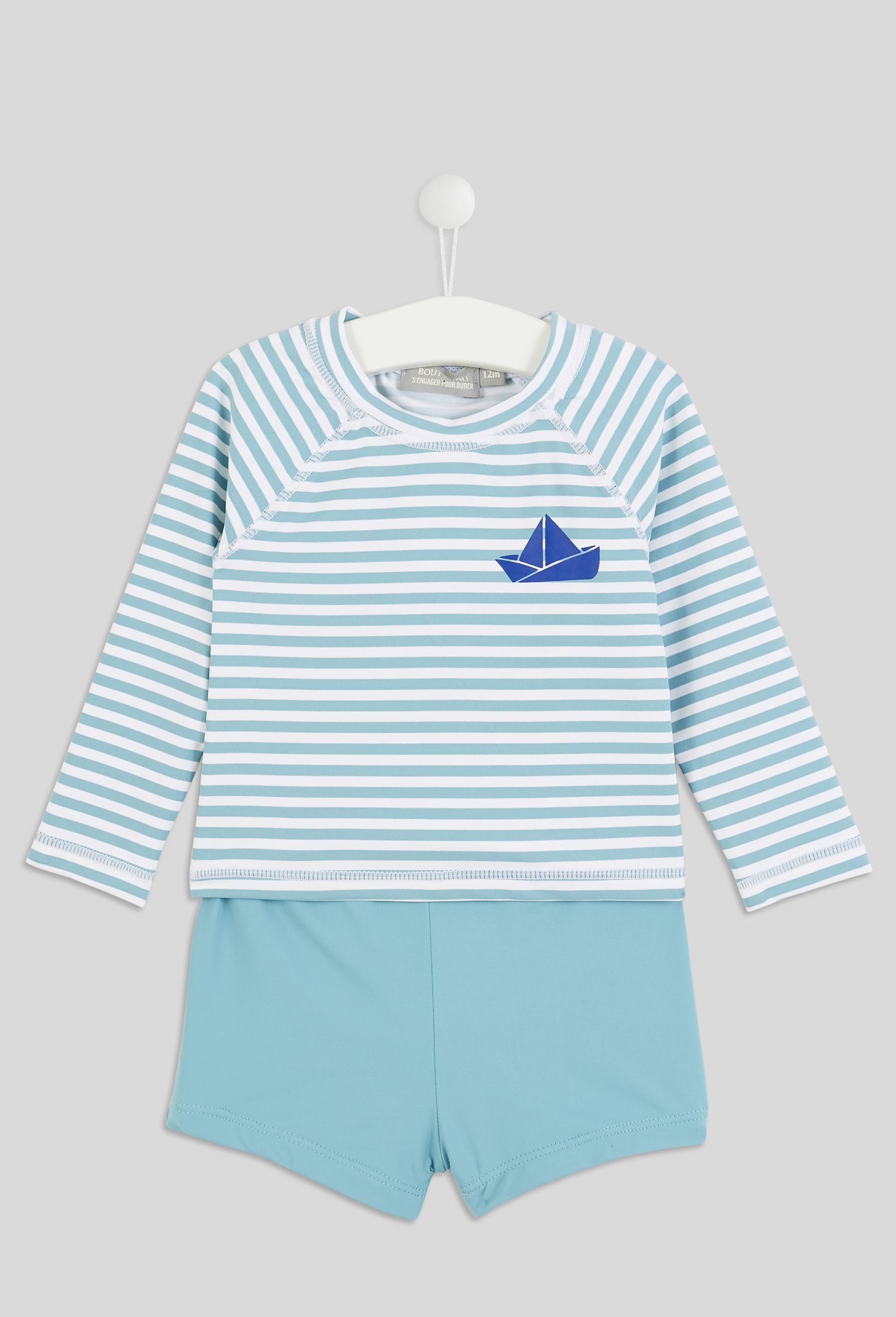 Maillot de bain tee-shirt manches longues et short imprimé, BLEU, large image number 0