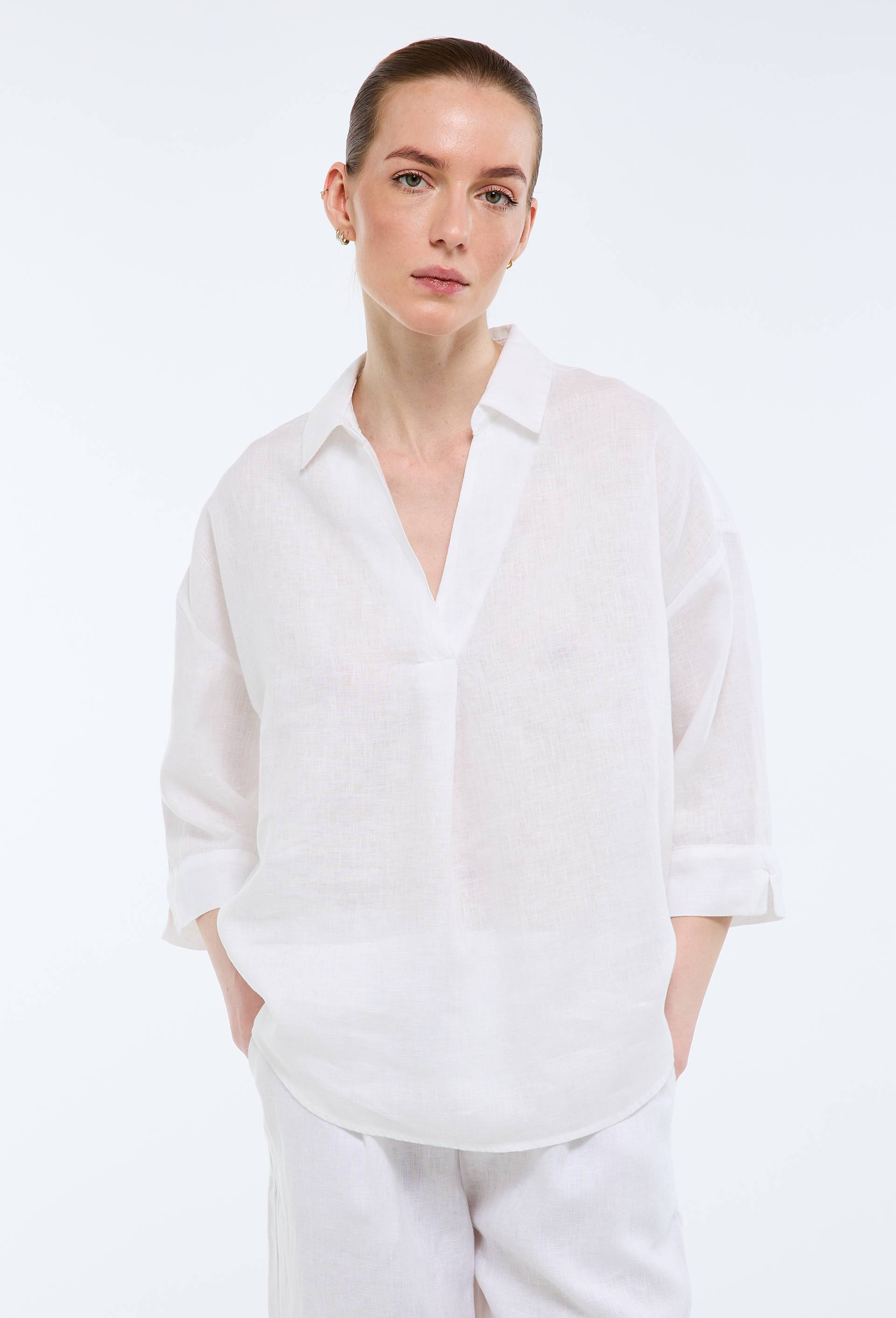 Blouse manches trois quarts unie en lin, Blanc, large image number 0