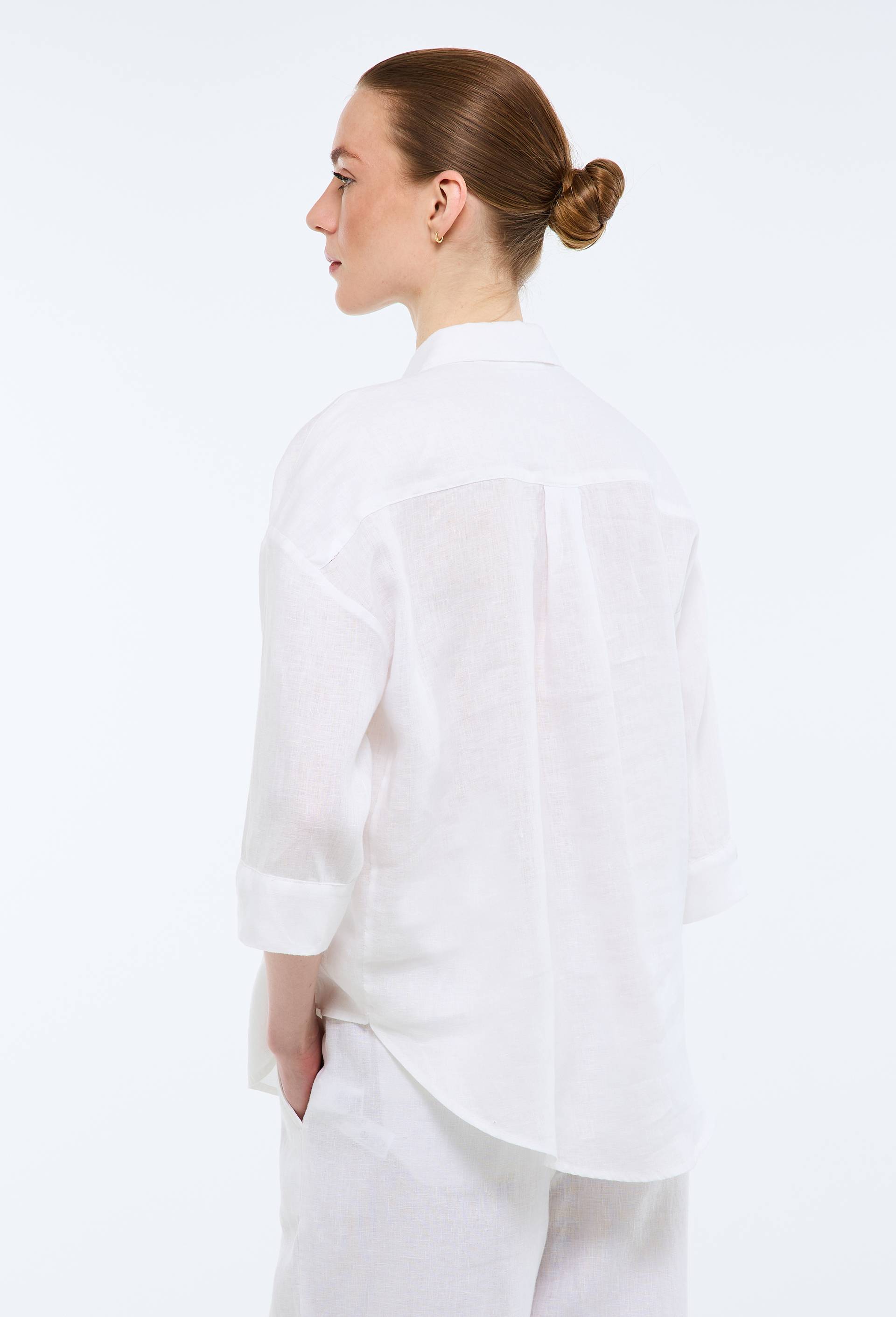 Blouse manches trois quarts unie en lin, Blanc, large image number 1