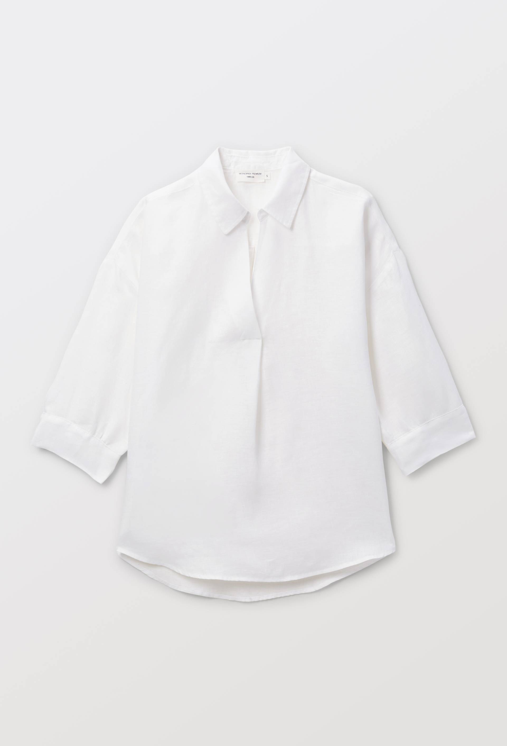 Blouse manches trois quarts unie en lin, Blanc, large image number 2.0