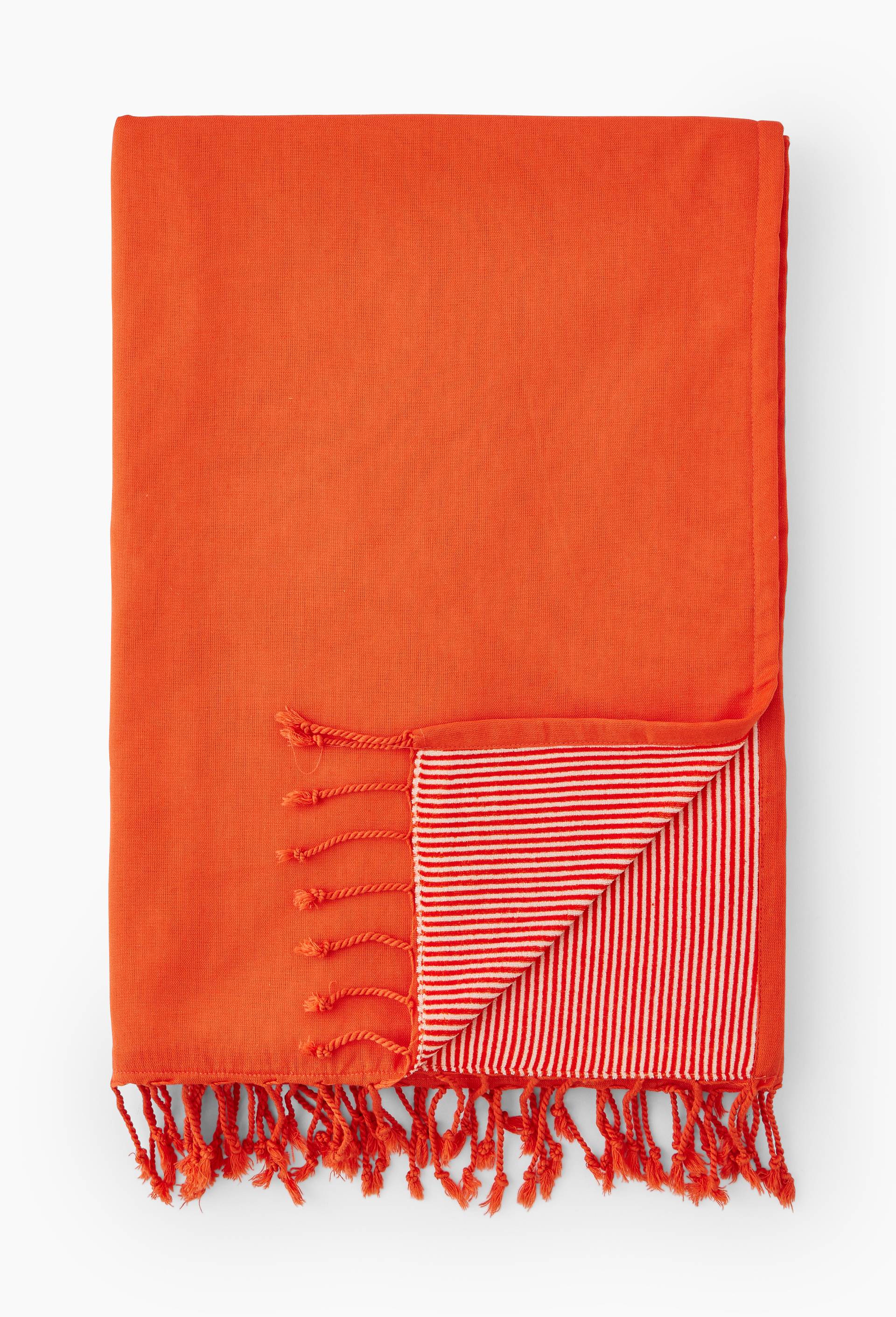 Fouta doubl&eacute;e ray&eacute;e &eacute;ponge, 100x180cm, en coton bio, Orange, large image number 0