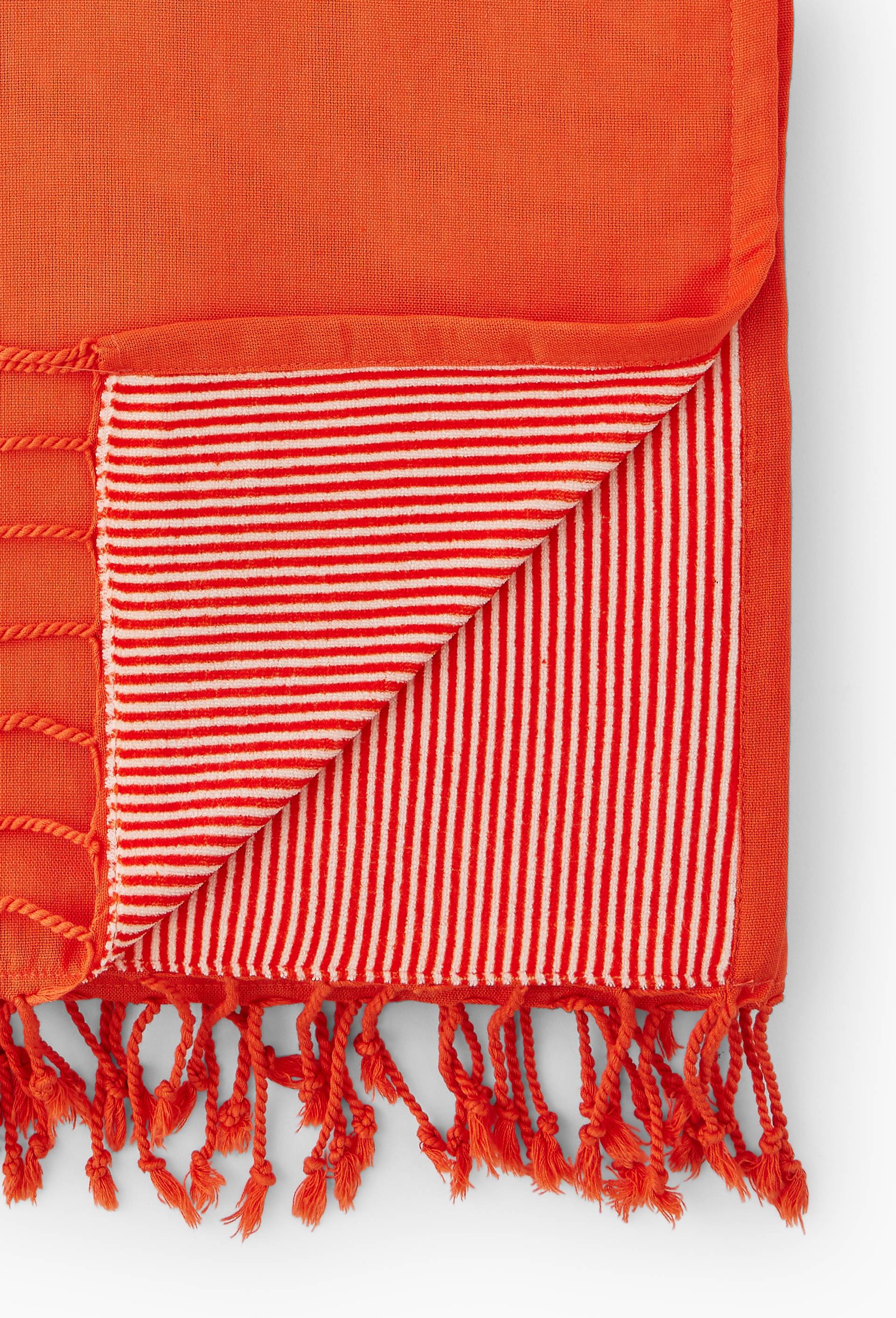 Fouta doubl&eacute;e ray&eacute;e &eacute;ponge, 100x180cm, en coton bio, Orange, large image number 1
