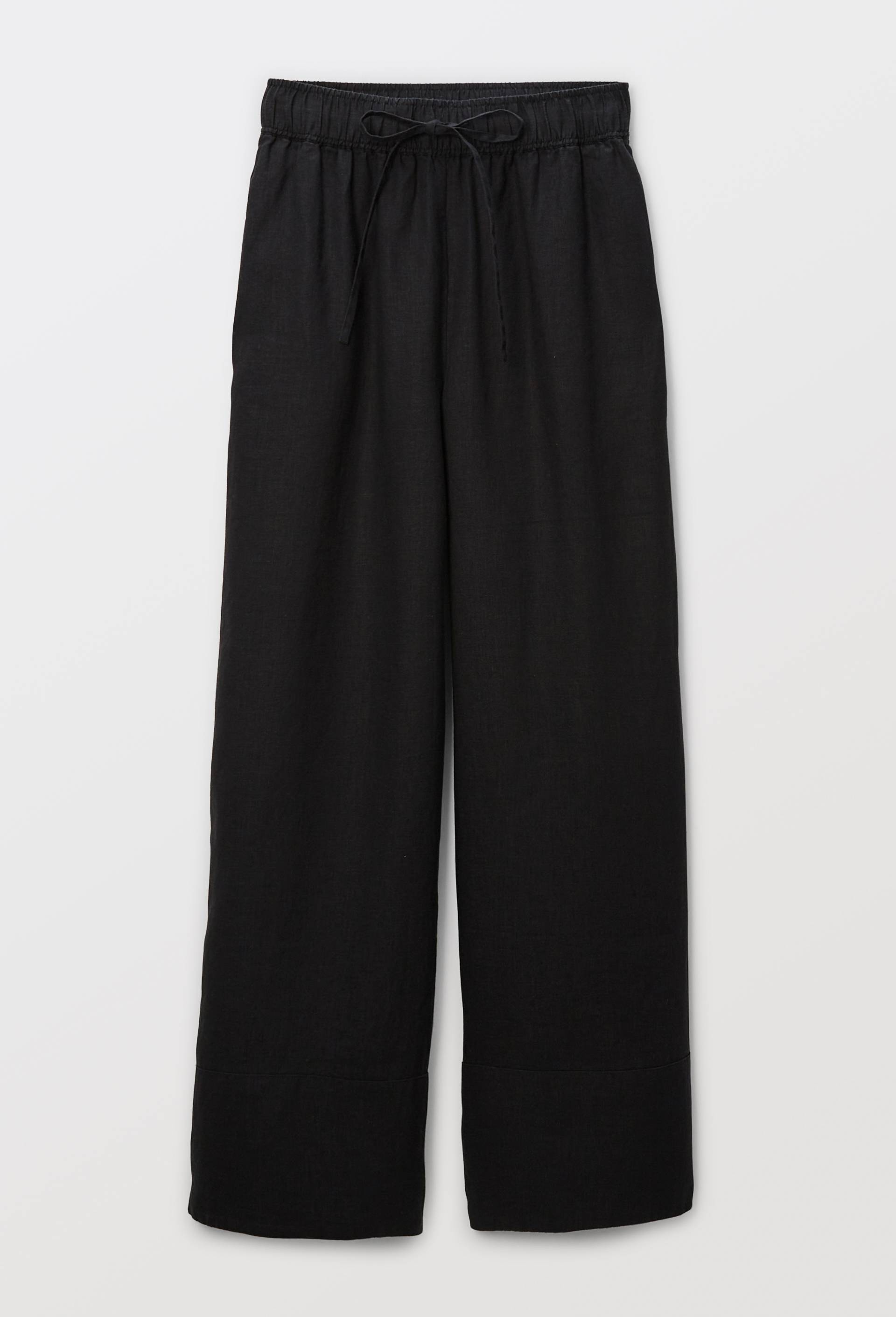 Pantalon large &agrave; taille &eacute;lastiqu&eacute;e en lin, Noir, large image number 2