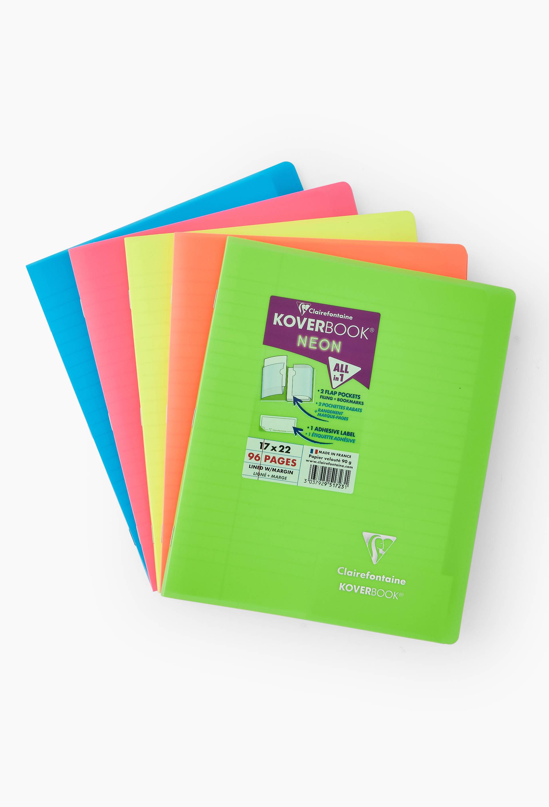 Koverbook NEON piqu&eacute; PP opaque 17x22cm 96p lign&eacute; + marge coloris assortis, Multicolore, large image number 1