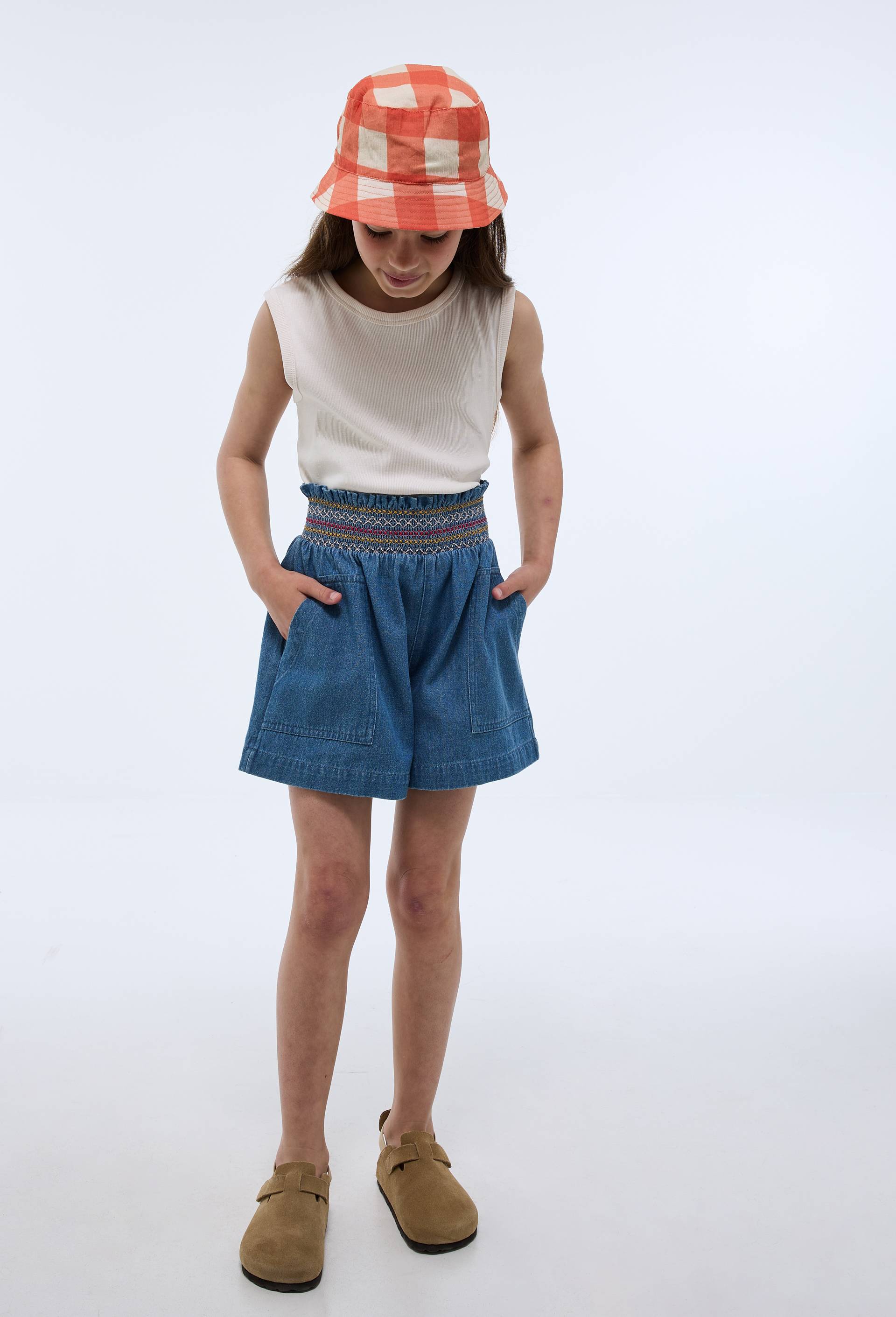 Short fluide taille élastiquée en jean, Bleu, swatch image