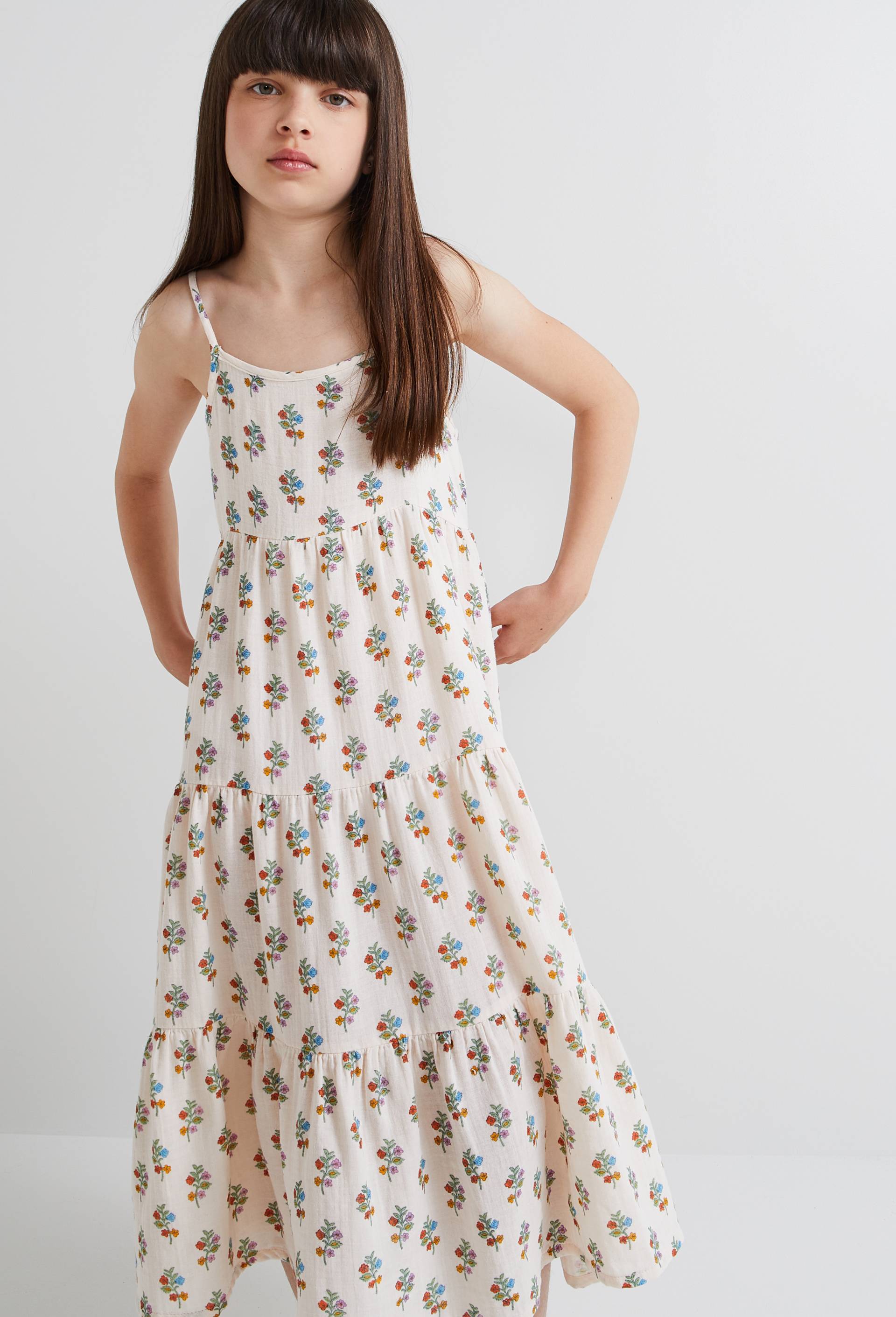 Robe midi à bretelles imprimée en coton BIO GOTS, Ecru, large image number 0